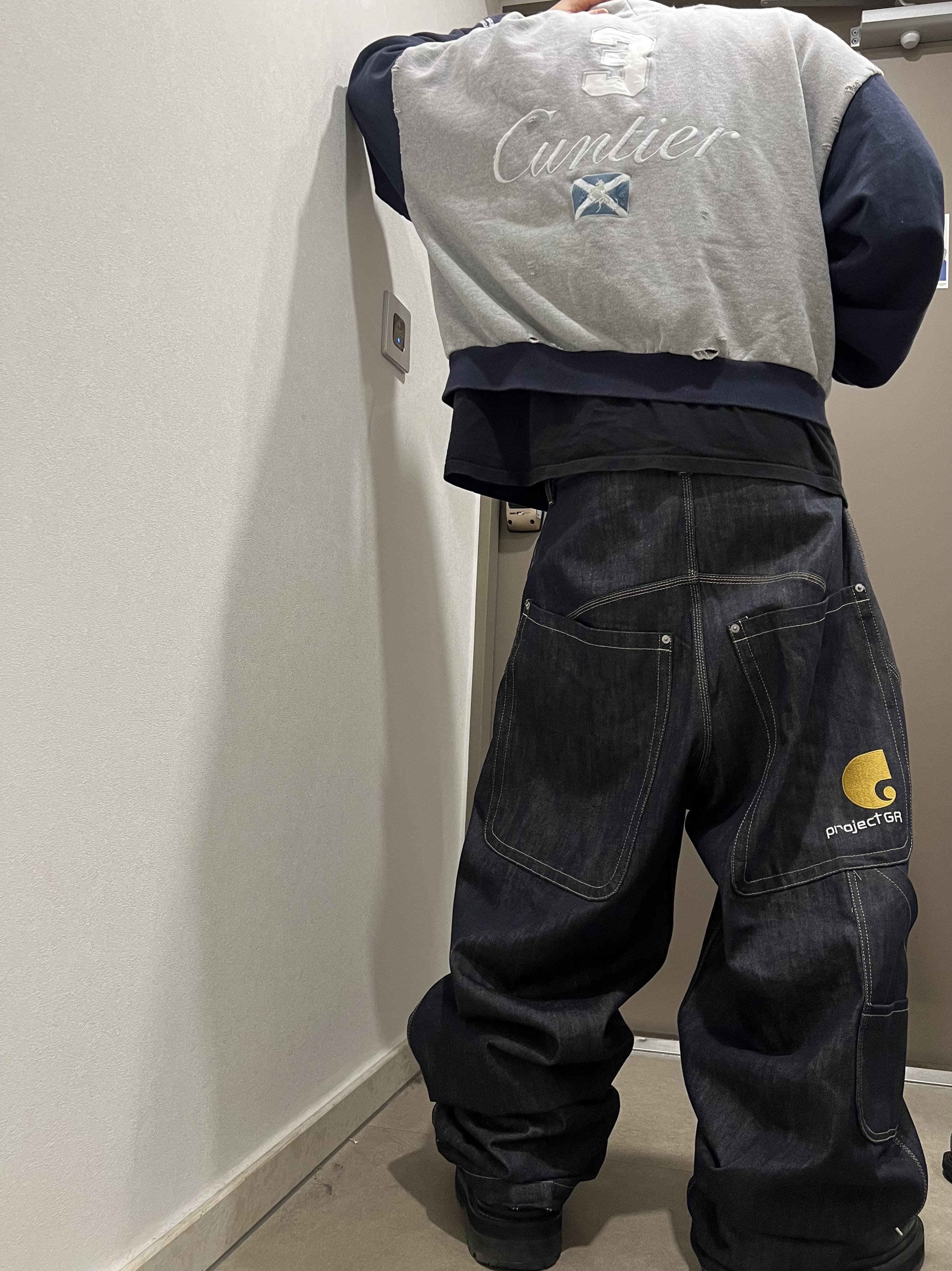 Project G/R Cuntier Zip Hoodie Melange Grey, Project G/R Retro Baggy Denim Pants Dark Navy 착용 스타일 - 2