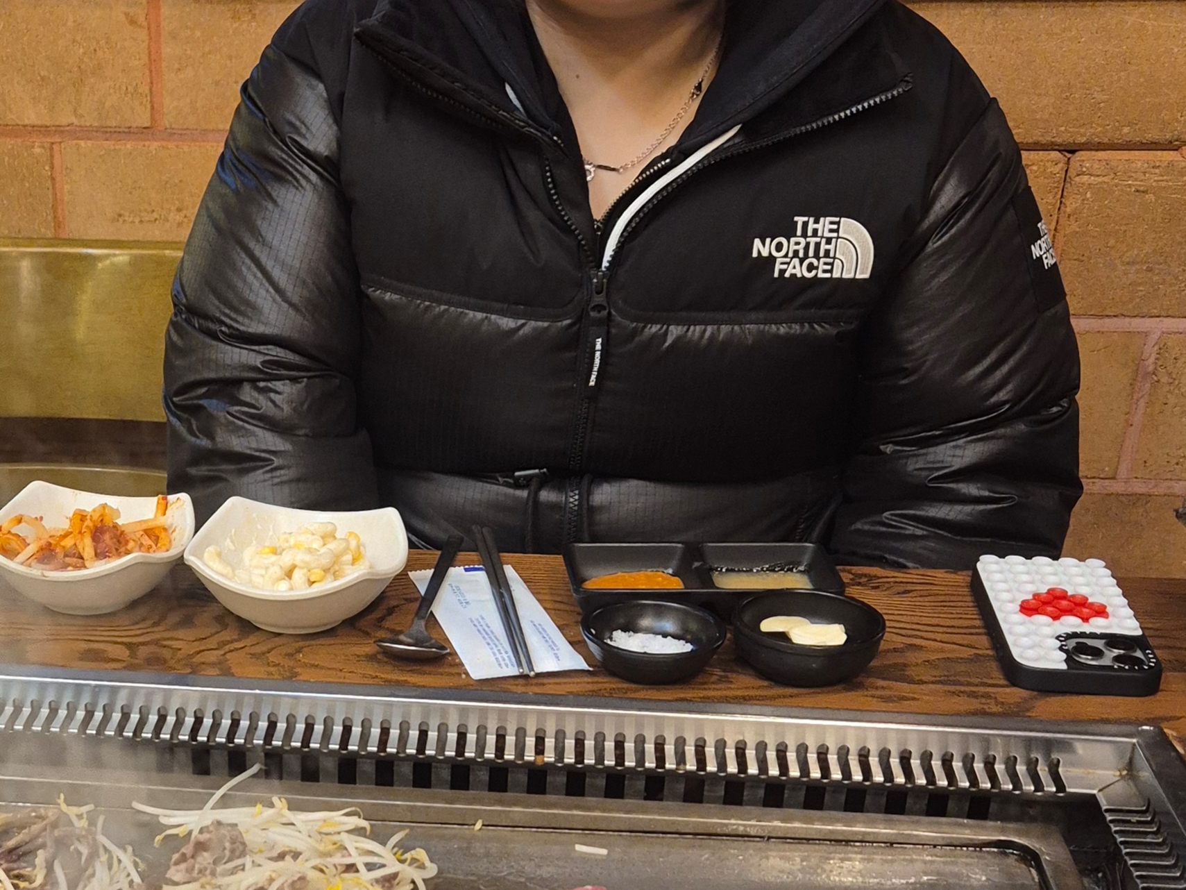 (W) Ferragamo Gancini Small Crystals Necklace Brass Glass & Palladium, (W) The North Face Nuptse On Ball Jacket Black 착용 스타일