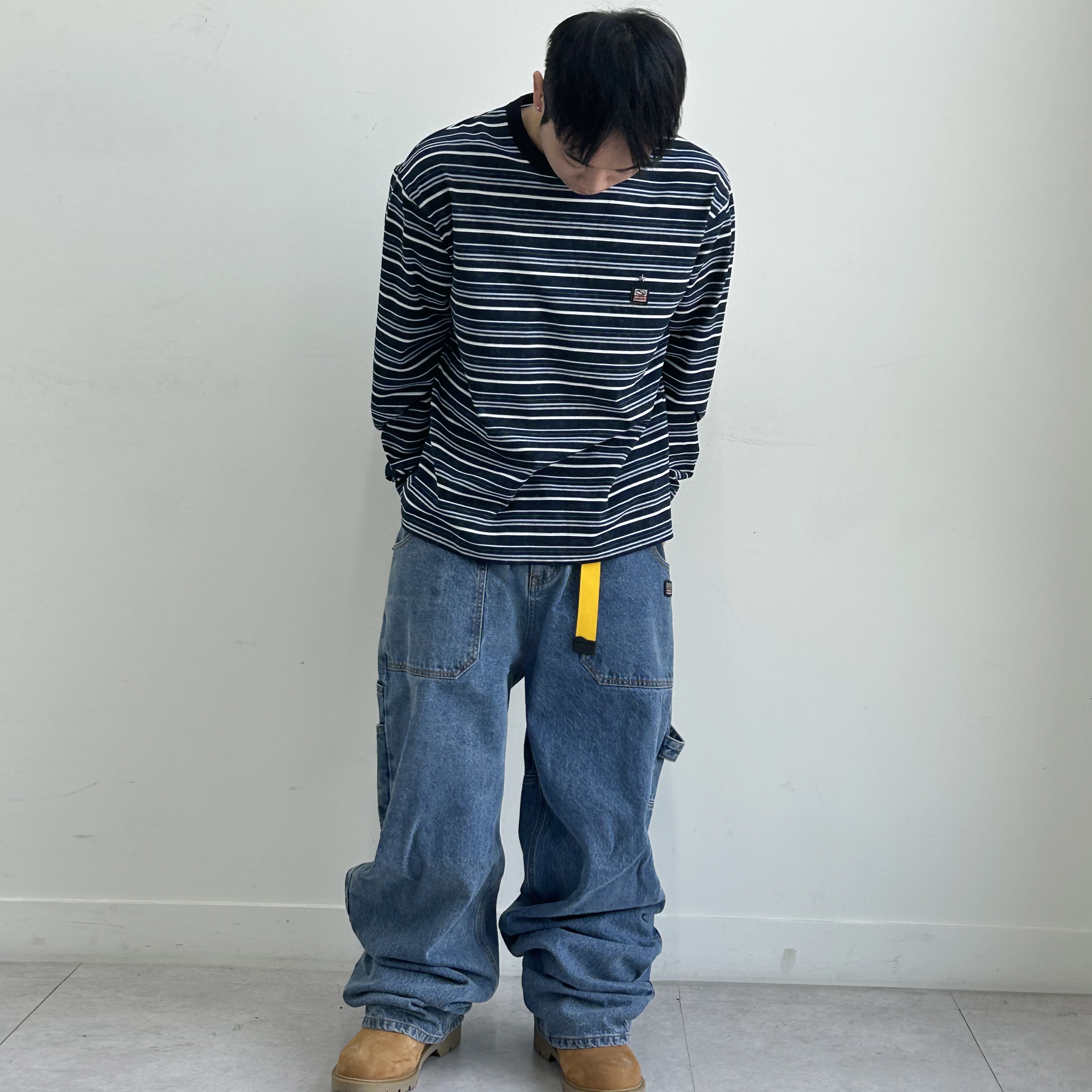 SPORT CHAMBER Superwide Carpenter Denim Pants Blue, SPORT CHAMBER SC Transition T-shirt NAVY 착용 스타일 - 2