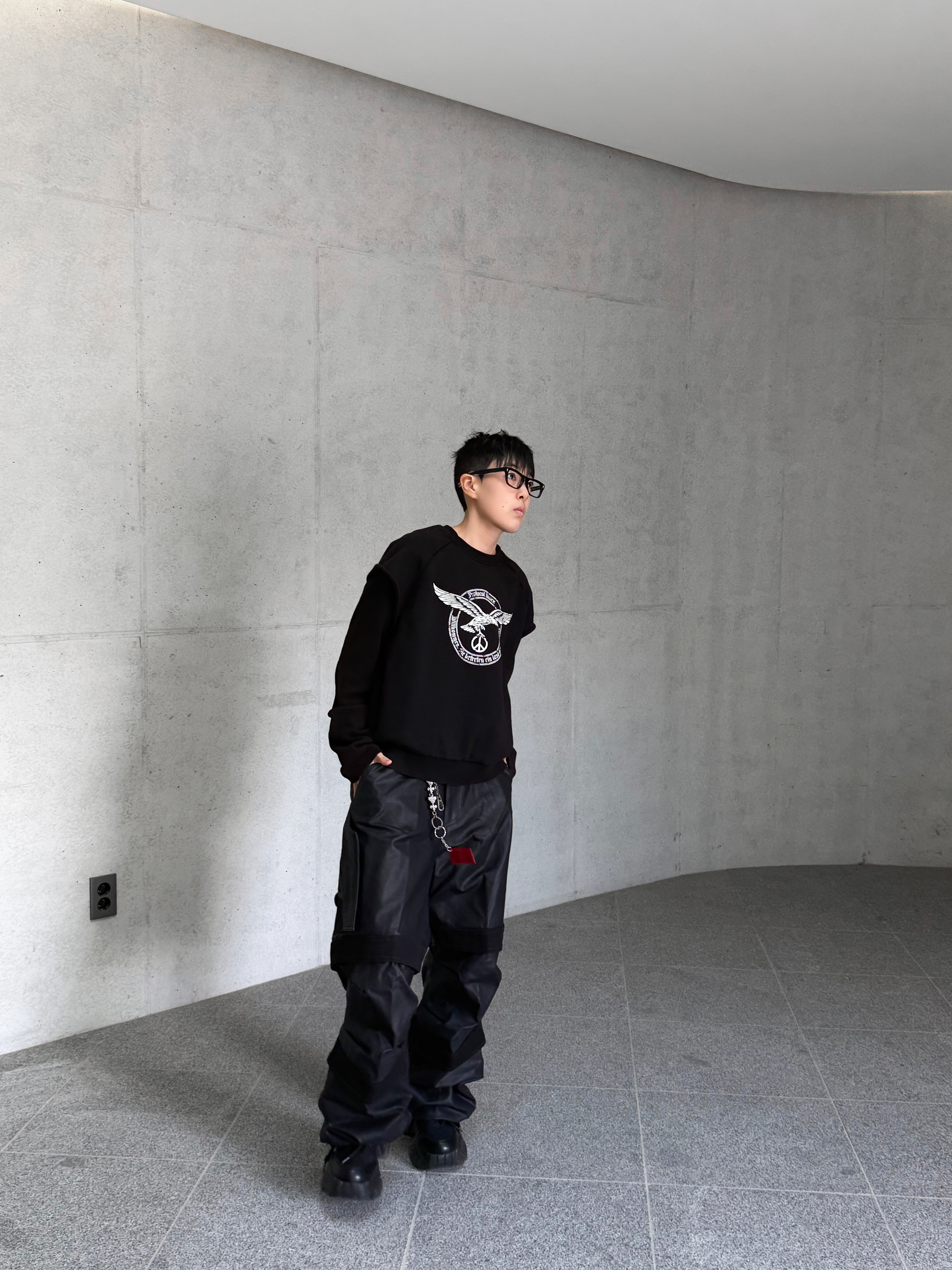 Farfromwhat Far Layered Work Pants Coated Black, Hono Report Object Keyring Tomato Ketchup 착용 스타일 - 2