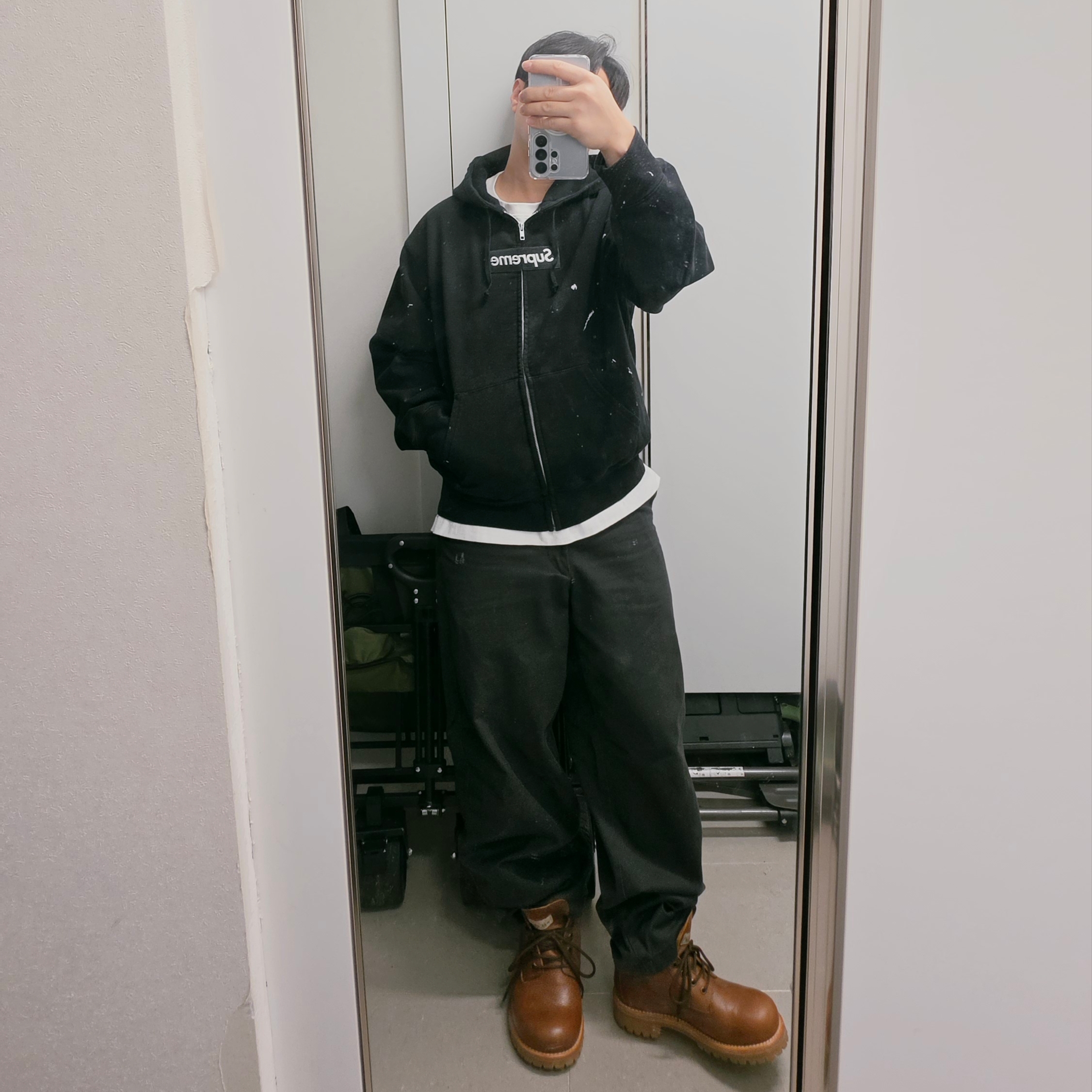 Supreme x MM6 Maison Margiela Box Logo Zip Up Hooded Sweatshirt Black - 26SS 착용 스타일