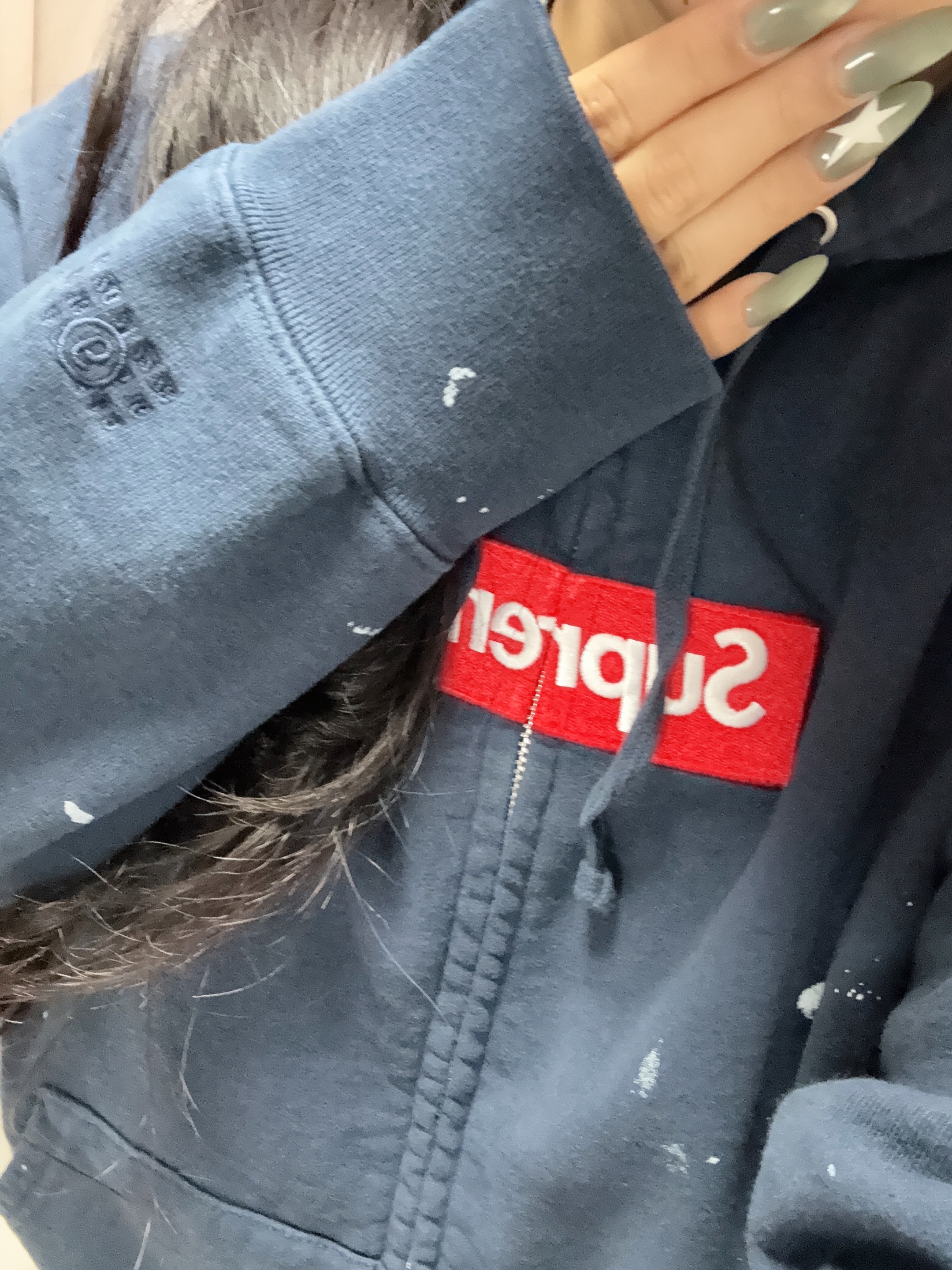 Supreme x MM6 Maison Margiela Box Logo Zip Up Hooded Sweatshirt Navy - 26SS 착용 스타일 - 1