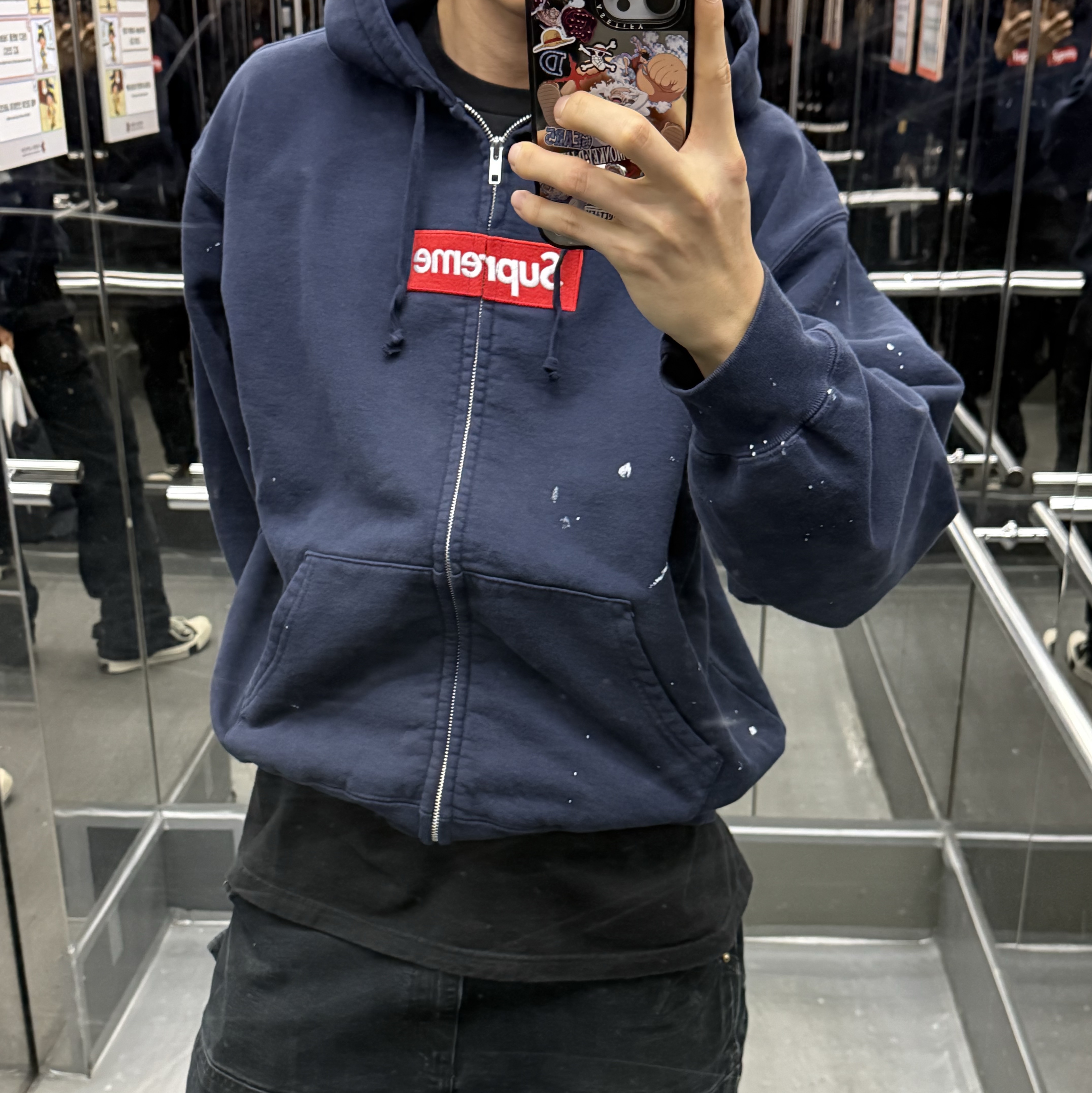 Supreme x MM6 Maison Margiela Box Logo Zip Up Hooded Sweatshirt Navy - 26SS 착용 스타일