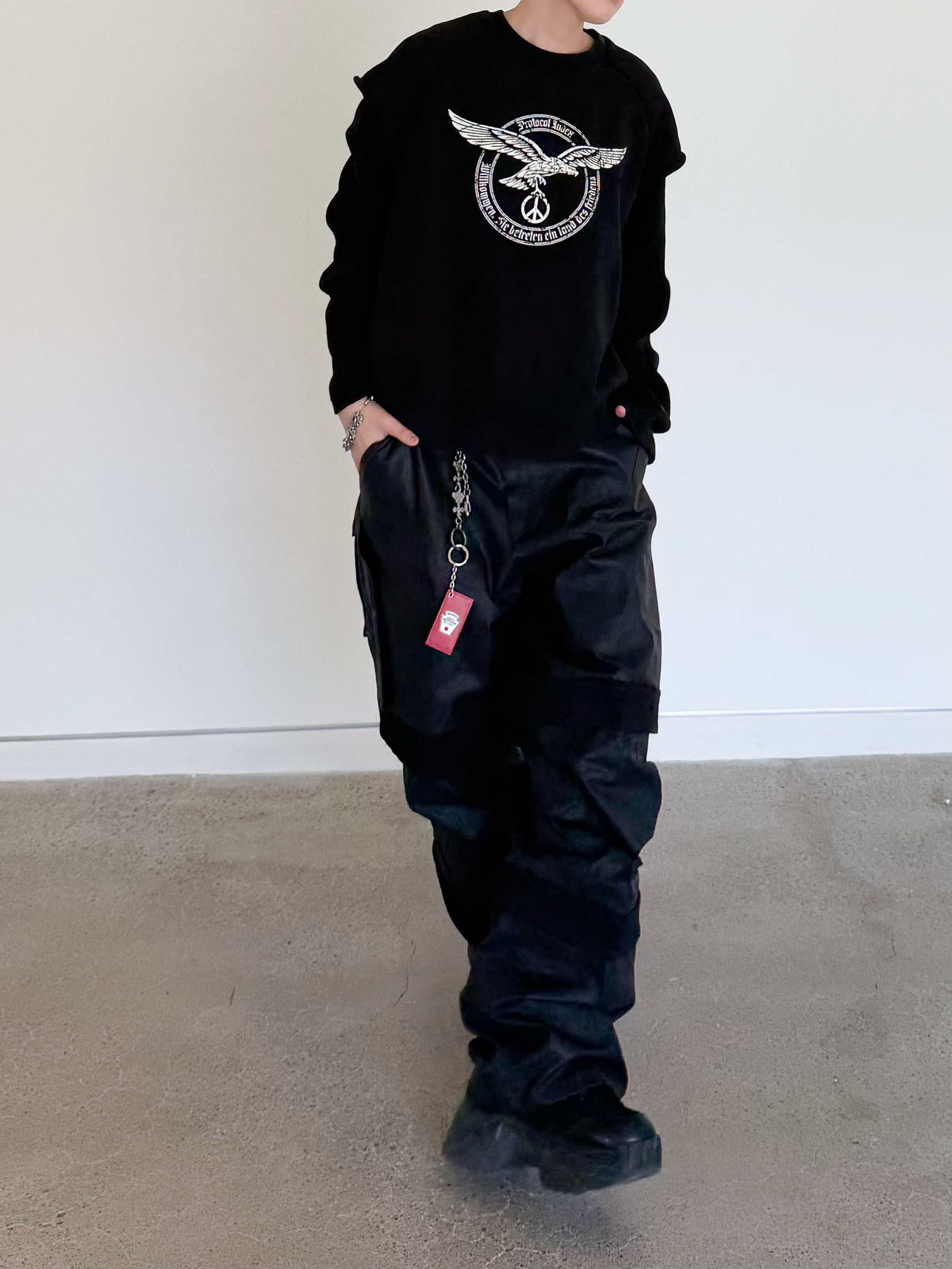Farfromwhat Far Layered Work Pants Coated Black, Hono Report Object Keyring Tomato Ketchup 착용 스타일 - 3
