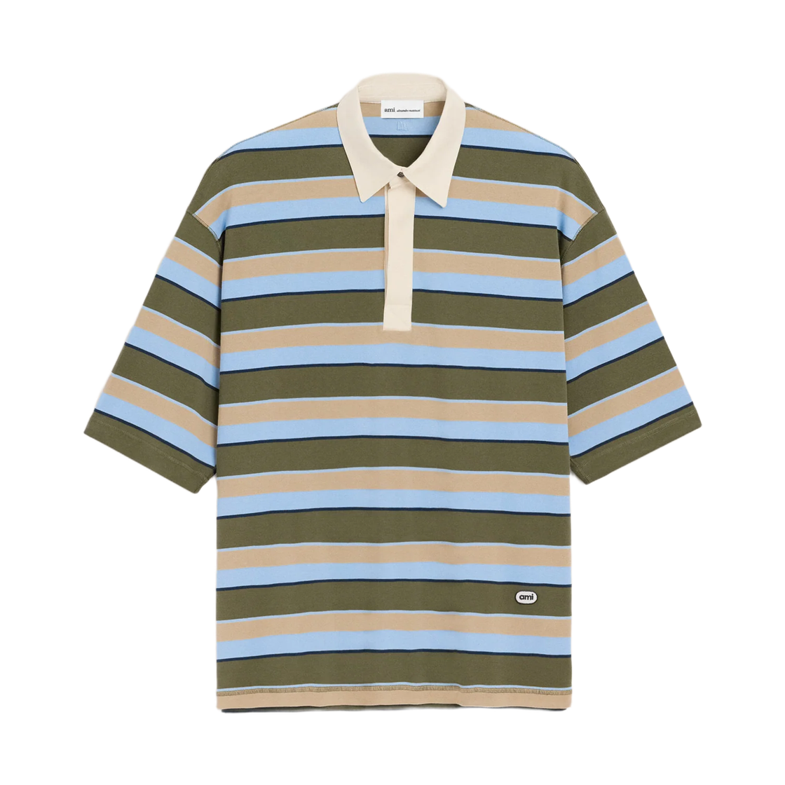 아미 블루 스트라이프 코튼 아미 패치 폴로 캐시미어 블루 다크 카키(AMI Blue Striped Cotton Ami Patch Polo Cashmere Blue Dark Khaki)