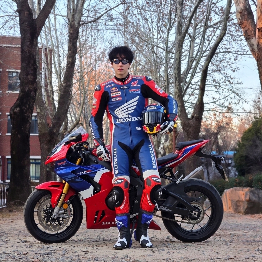 Honda Engineered Leather Racing Jacket Black, Honda Racing Fire Blade Long Sleeve White 착용 스타일 - 2