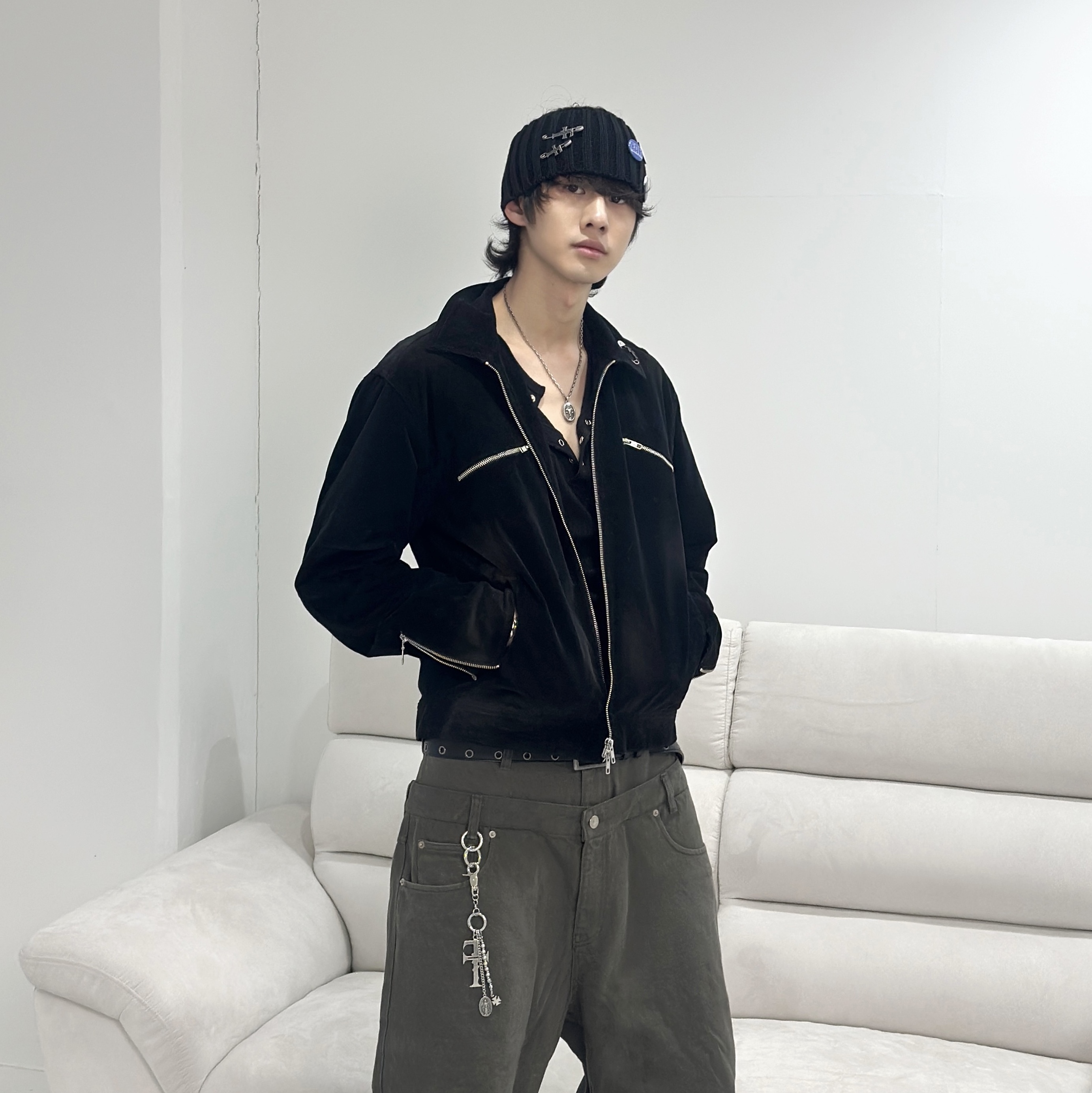 Farfromwhat Far Corduroy Zip-Up Jacket_Black, Force Sensitive FST Eyelet Studded Long Belt 착용 스타일 - 2