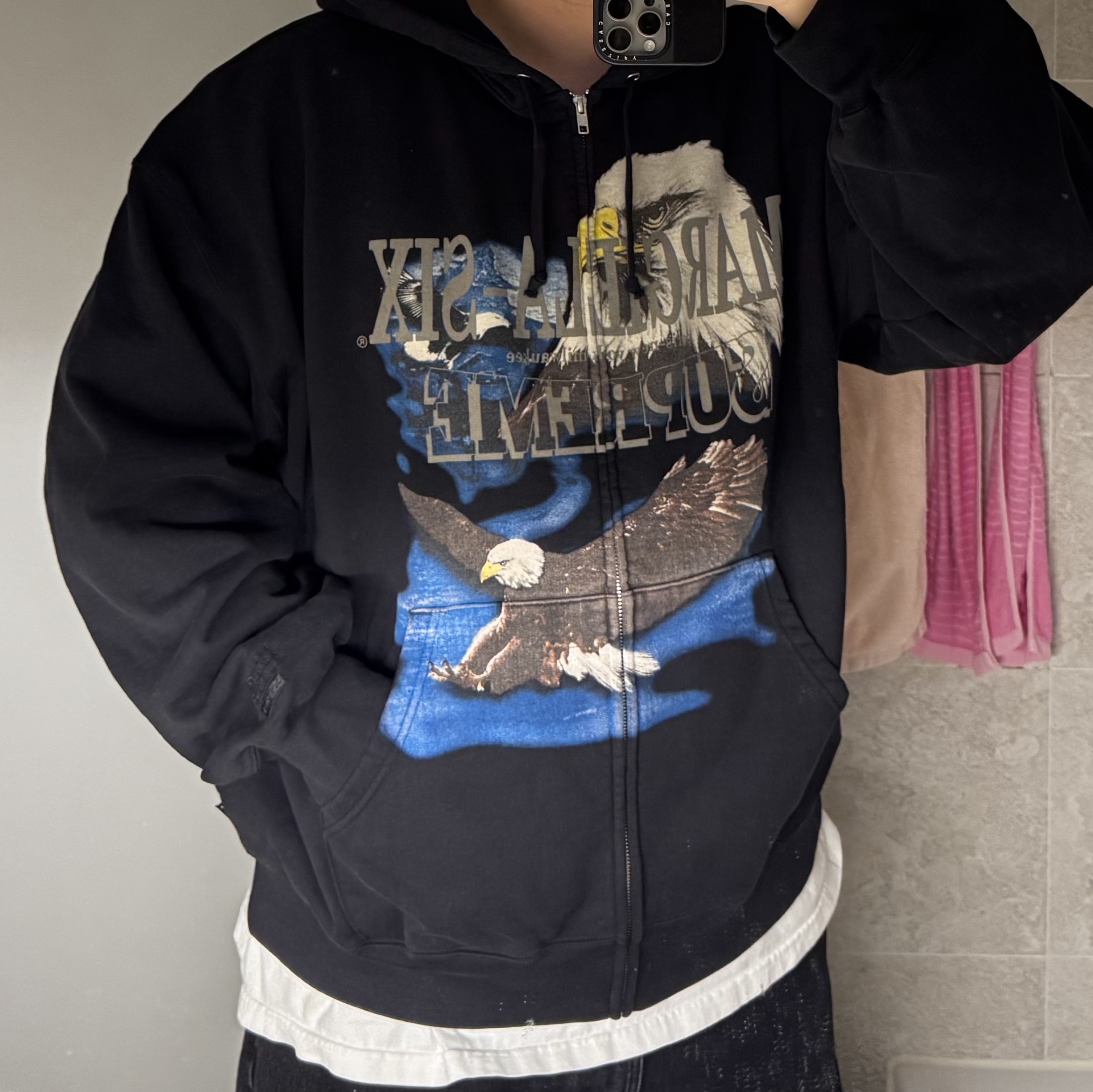Supreme x MM6 Maison Margiela Eagle Zip Up Hooded Sweatshirt Black - 26SS 착용 스타일