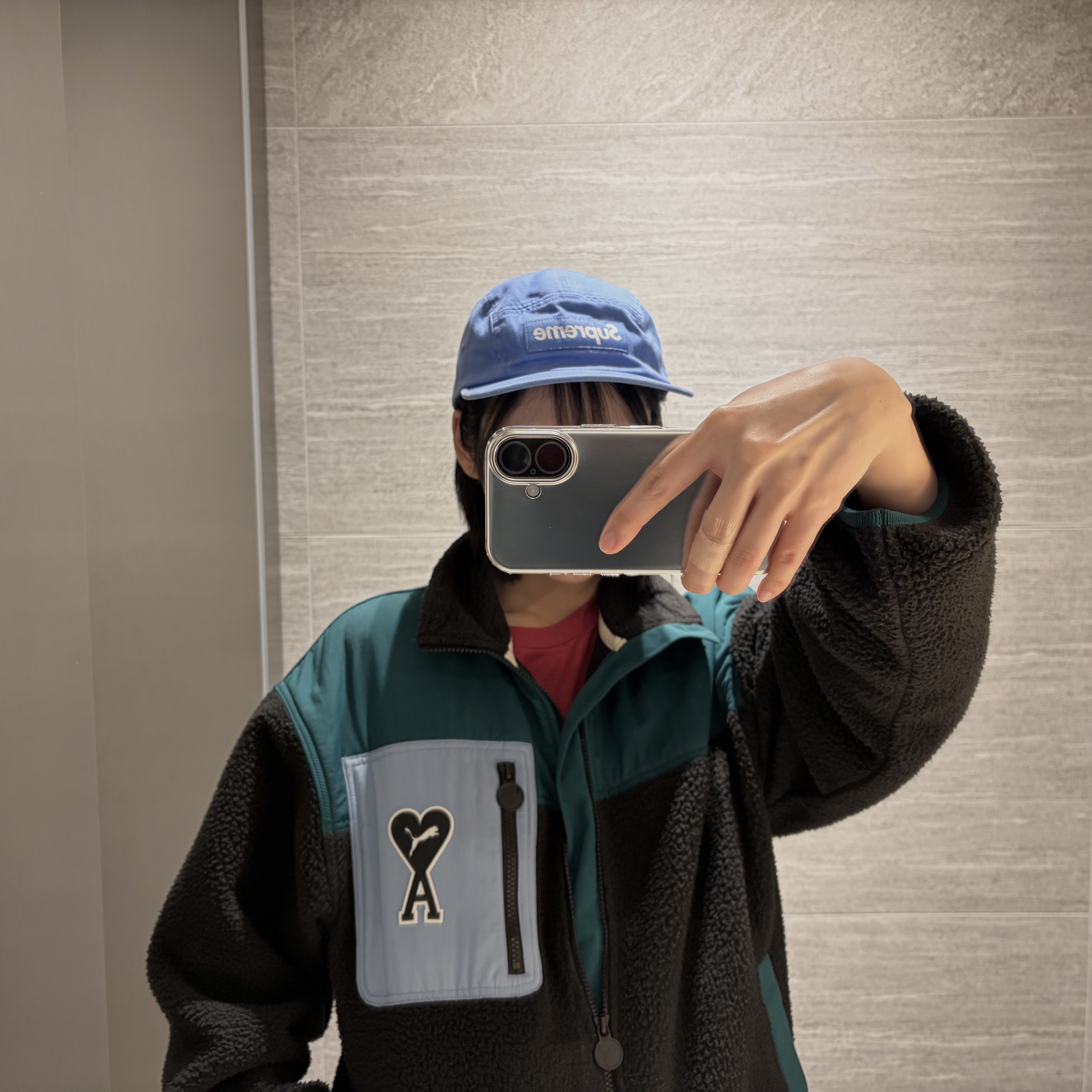 Puma x AMI Sherpa Jacket Puma Black, Supreme Washed Chino Twill Camp Cap Light Royal - 24SS 착용 스타일
