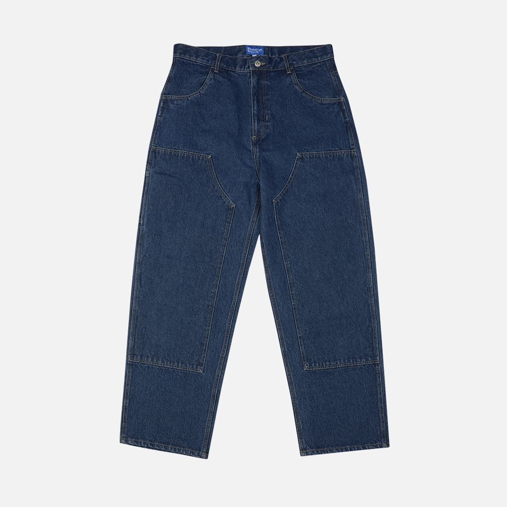 맨하탄 레코즈 워시드 데님 더블니 팬츠 - 블루(Manhattan Records Washed Denim Double Knee Pants - Blue) - 2