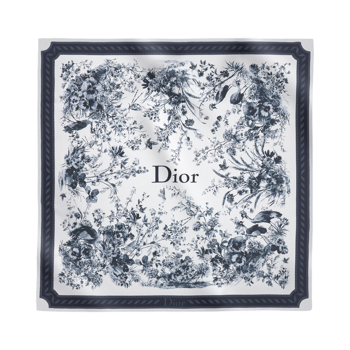 62TC090D6031-C540 (W) Dior Toile De Jouy Floral Garden 90 Square Scarf Silk Twill White Navy Blue