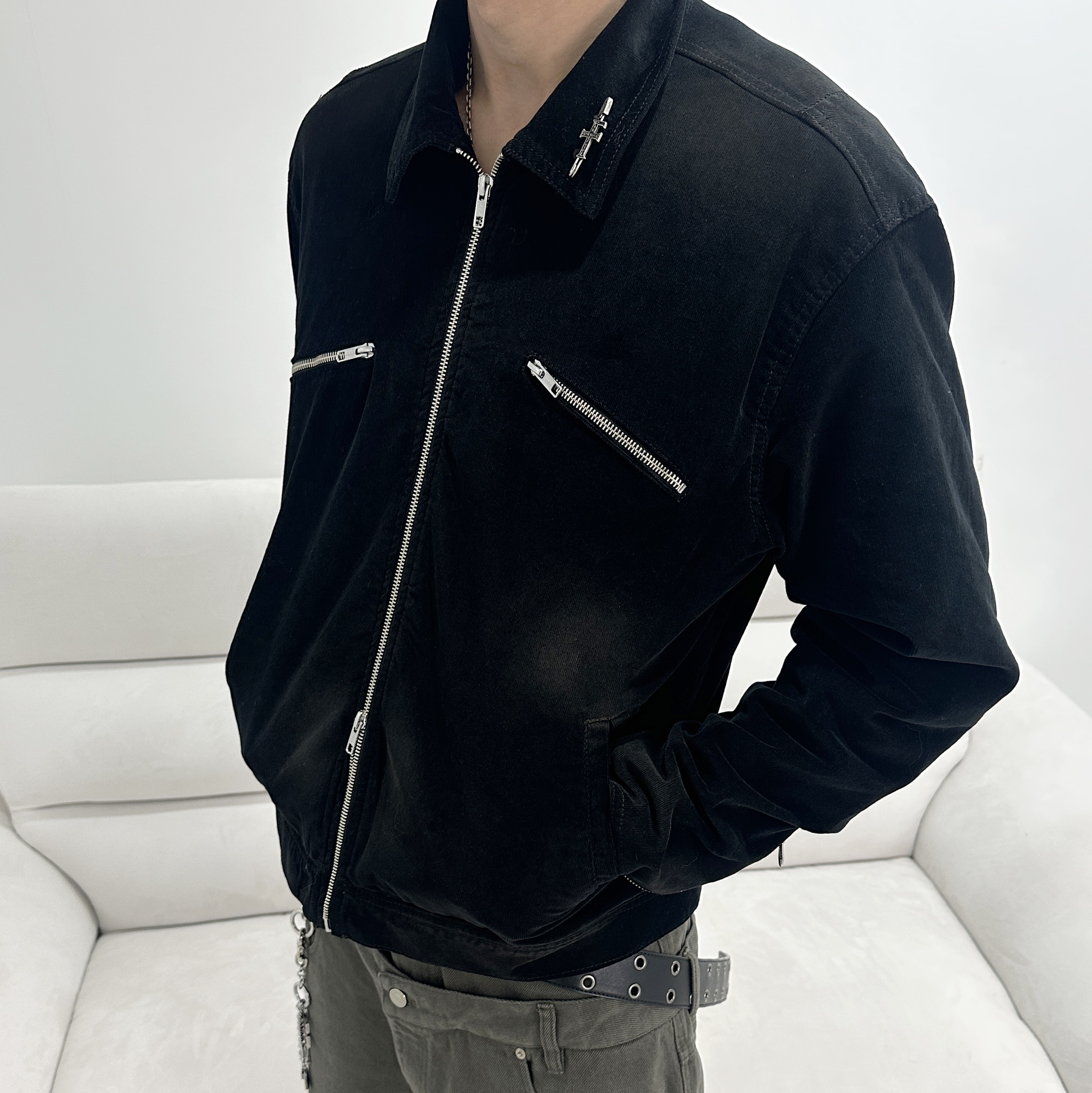 Farfromwhat Far Corduroy Zip-Up Jacket_Black, Force Sensitive FST Eyelet Studded Long Belt 착용 스타일 - 4