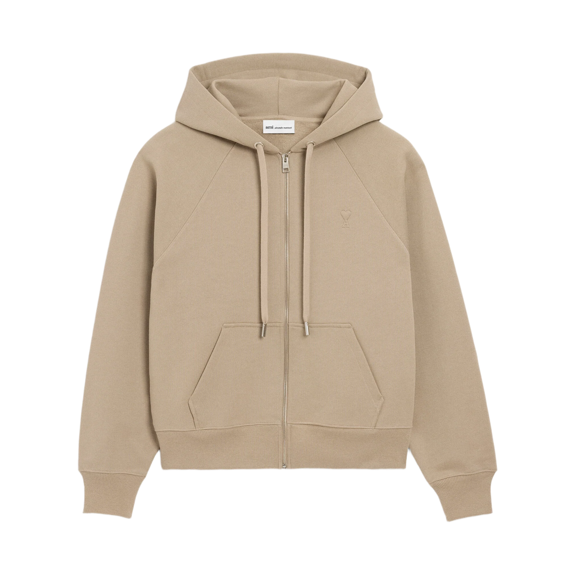 USW759-747-A036 AMI Beige Cotton Embossed Ami De Coeur Zipped Hoodie Taupe Beige