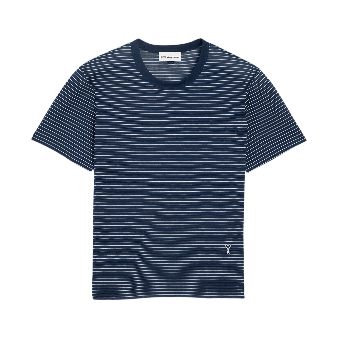 FTS373-JE0212-A044 (W) AMI Blue Striped Cotton AMI De Coeur T-Shirt Ink White