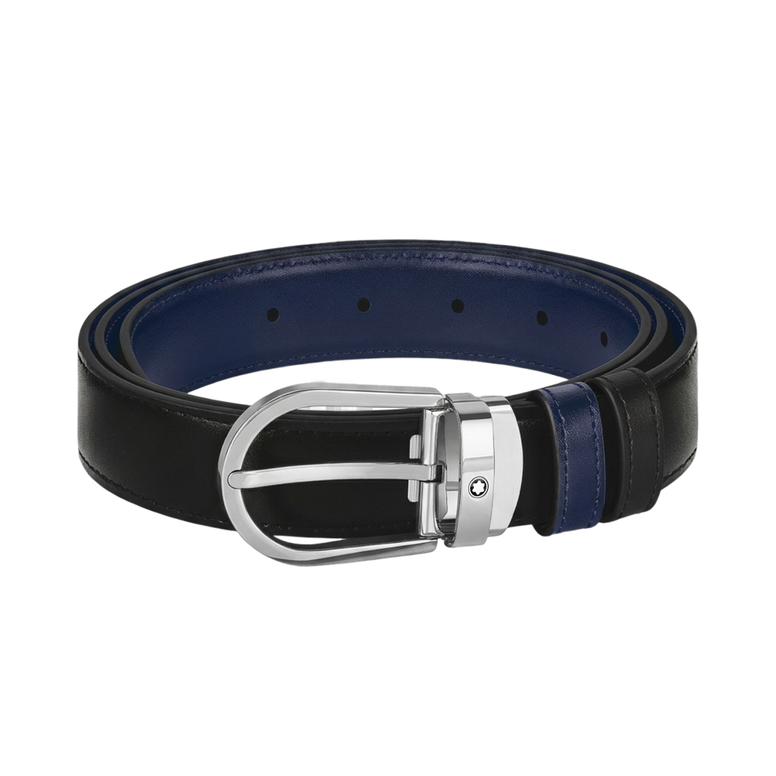 198586 Montblanc Horseshoe Buckle Black Ink Blue 30mm Reversible Leather Belt Black