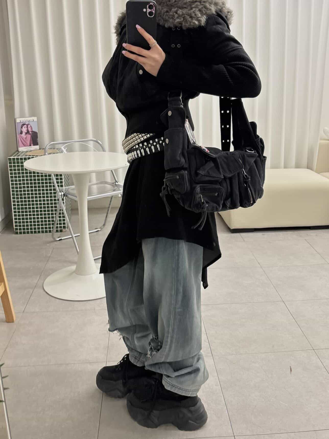 BLR Unbalanced Gradation One-Piece Black, BLR Destroyed Vintage Oil Washing Denim Pants 착용 스타일