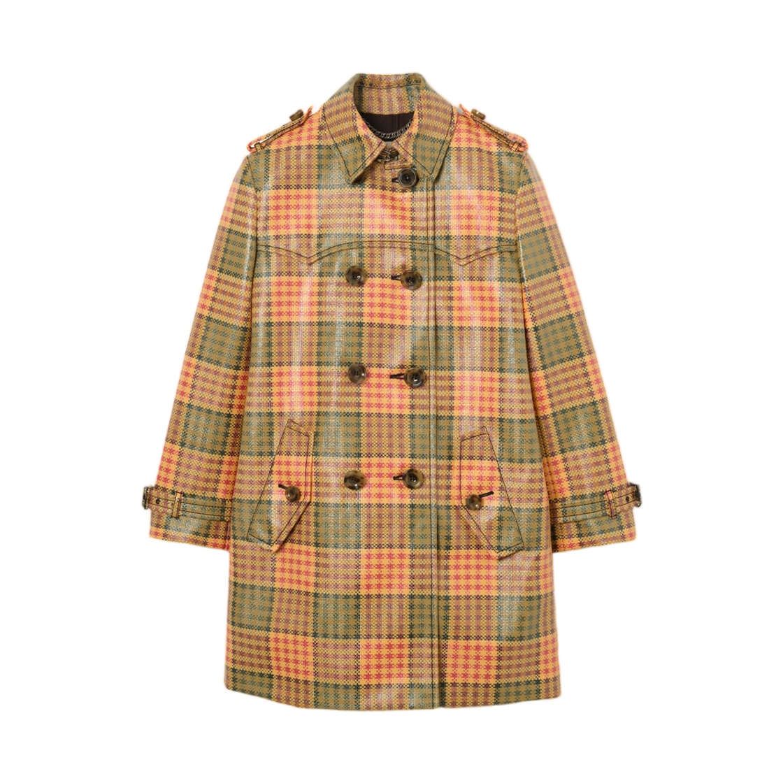 8125877 Burberry Short Check Coated Raffia Effect Summerside Trench Coat Chrome Yellow Pomegranate Pink