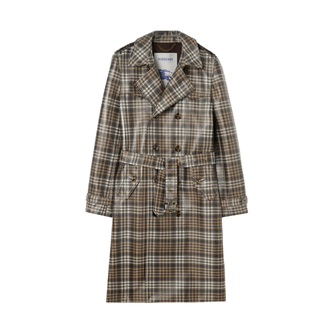 8125430 Burberry Long Check Coated Raffia Effect Foxfield Trench Coat Chalk White Truffle Brown