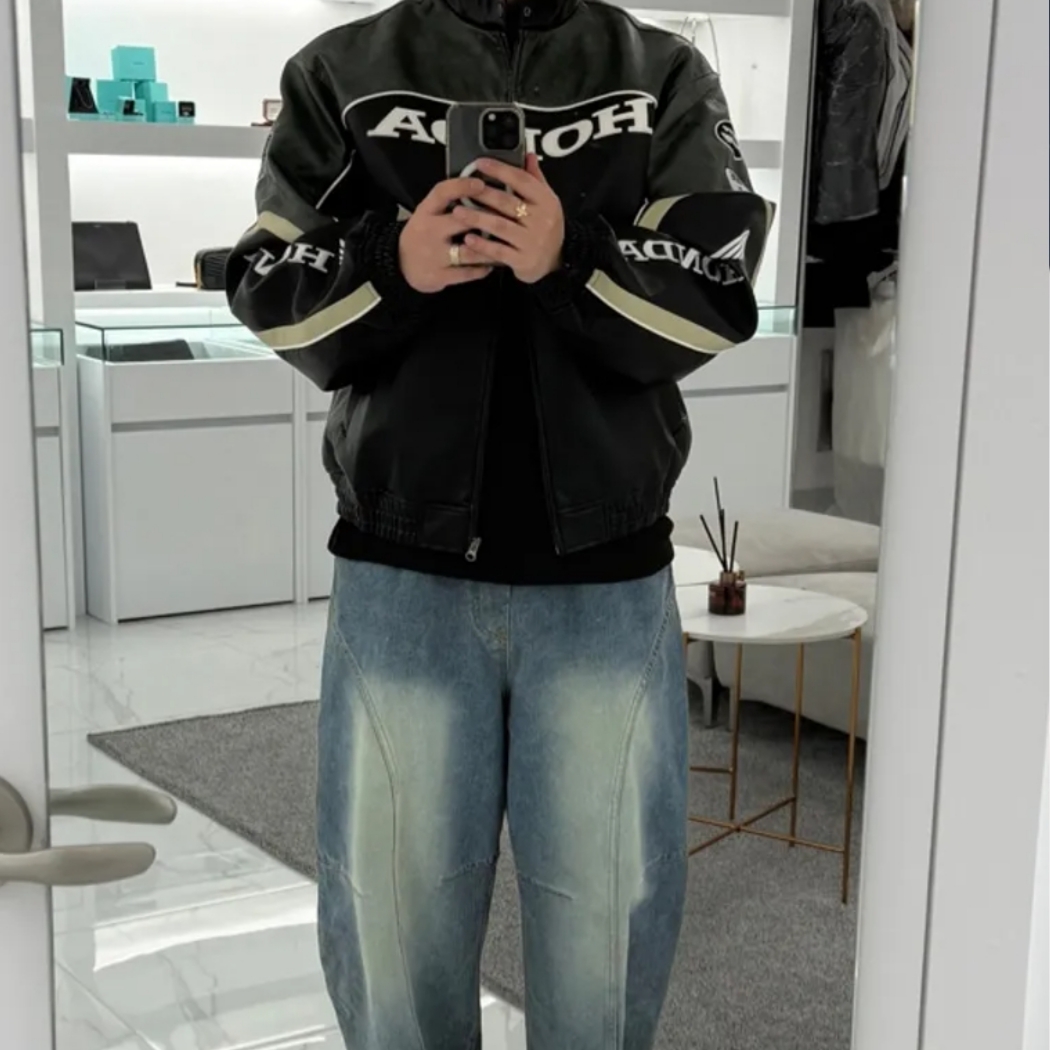 Honda Engineered Leather Racing Jacket Green 착용 스타일