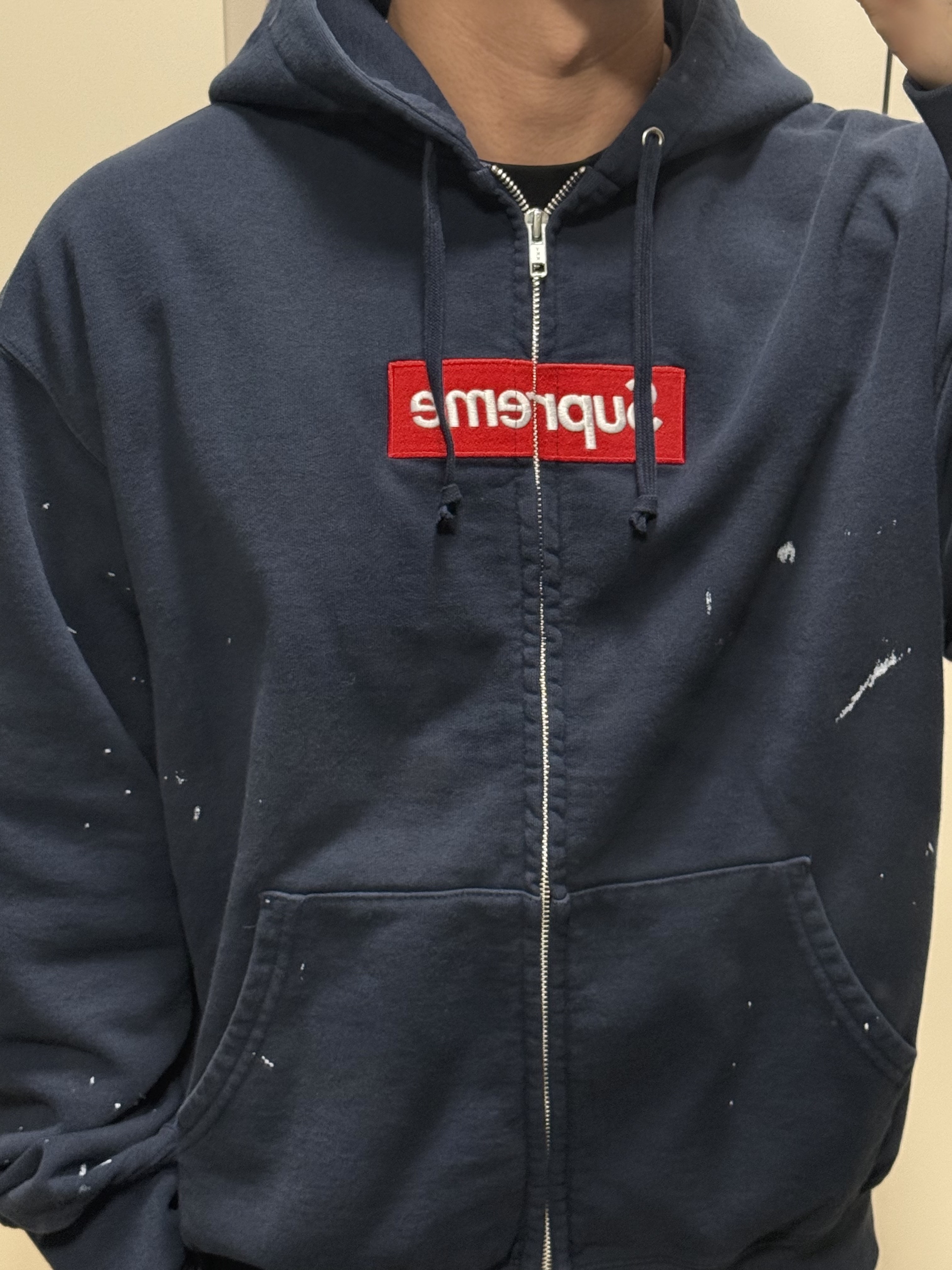 Supreme x MM6 Maison Margiela Box Logo Zip Up Hooded Sweatshirt Navy - 26SS 착용 스타일