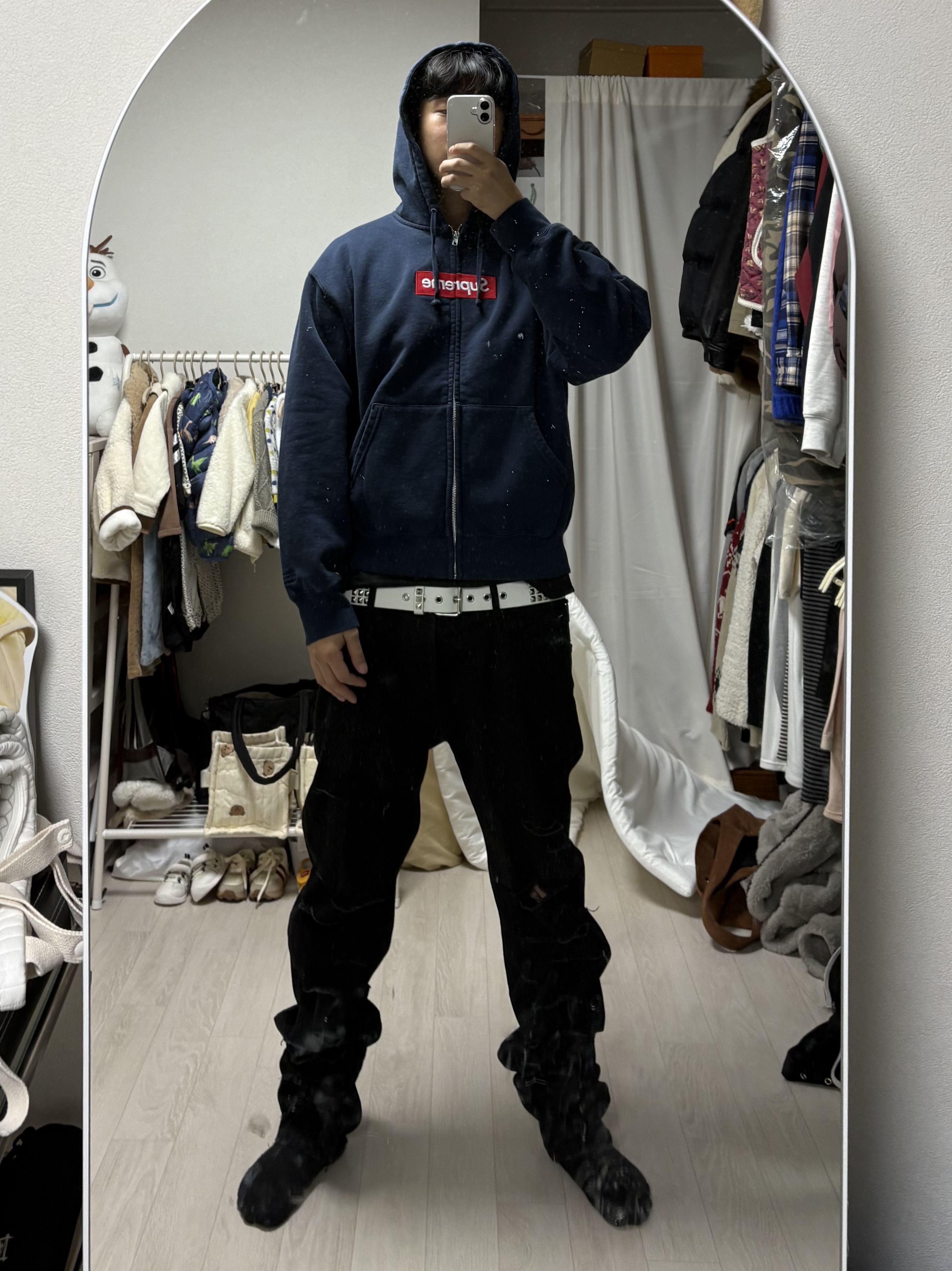 Supreme x MM6 Maison Margiela Box Logo Zip Up Hooded Sweatshirt Navy - 26SS 착용 스타일 - 1