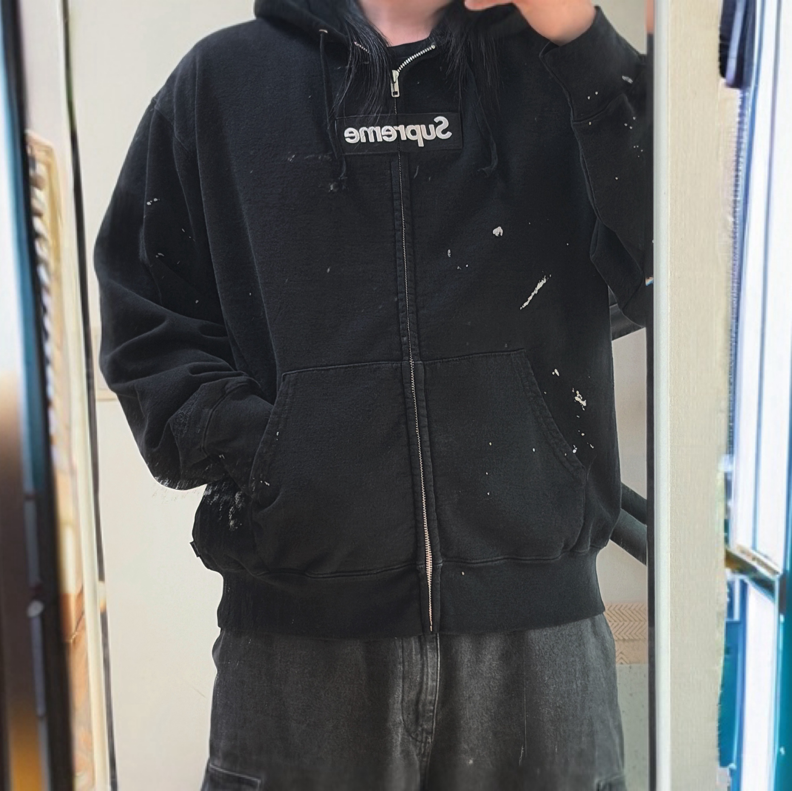 Supreme x MM6 Maison Margiela Box Logo Zip Up Hooded Sweatshirt Black - 26SS 착용 스타일