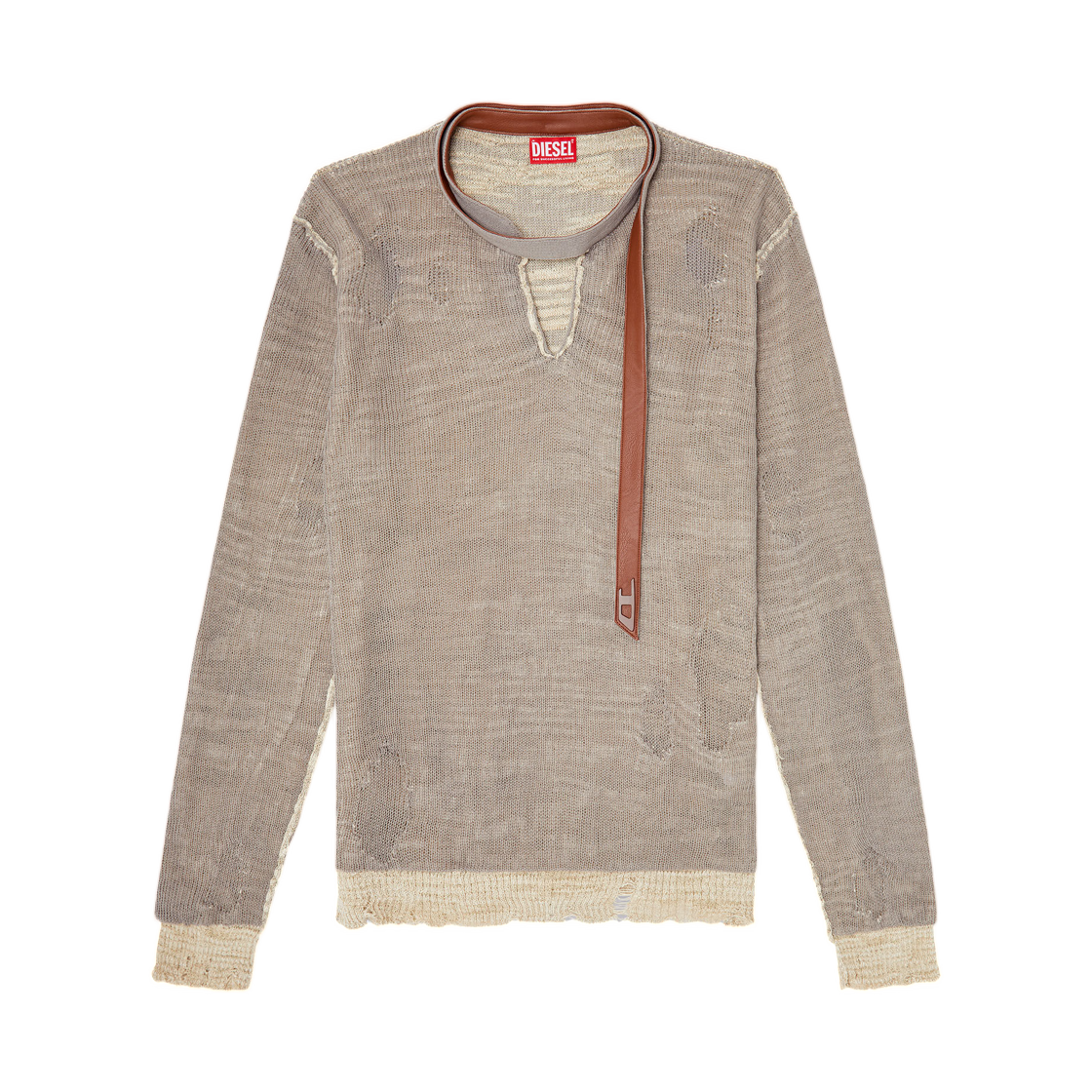 A231590EGEG-7FM Diesel K-Daianeris Distressed Jumper with Biker Neck Strap Brown