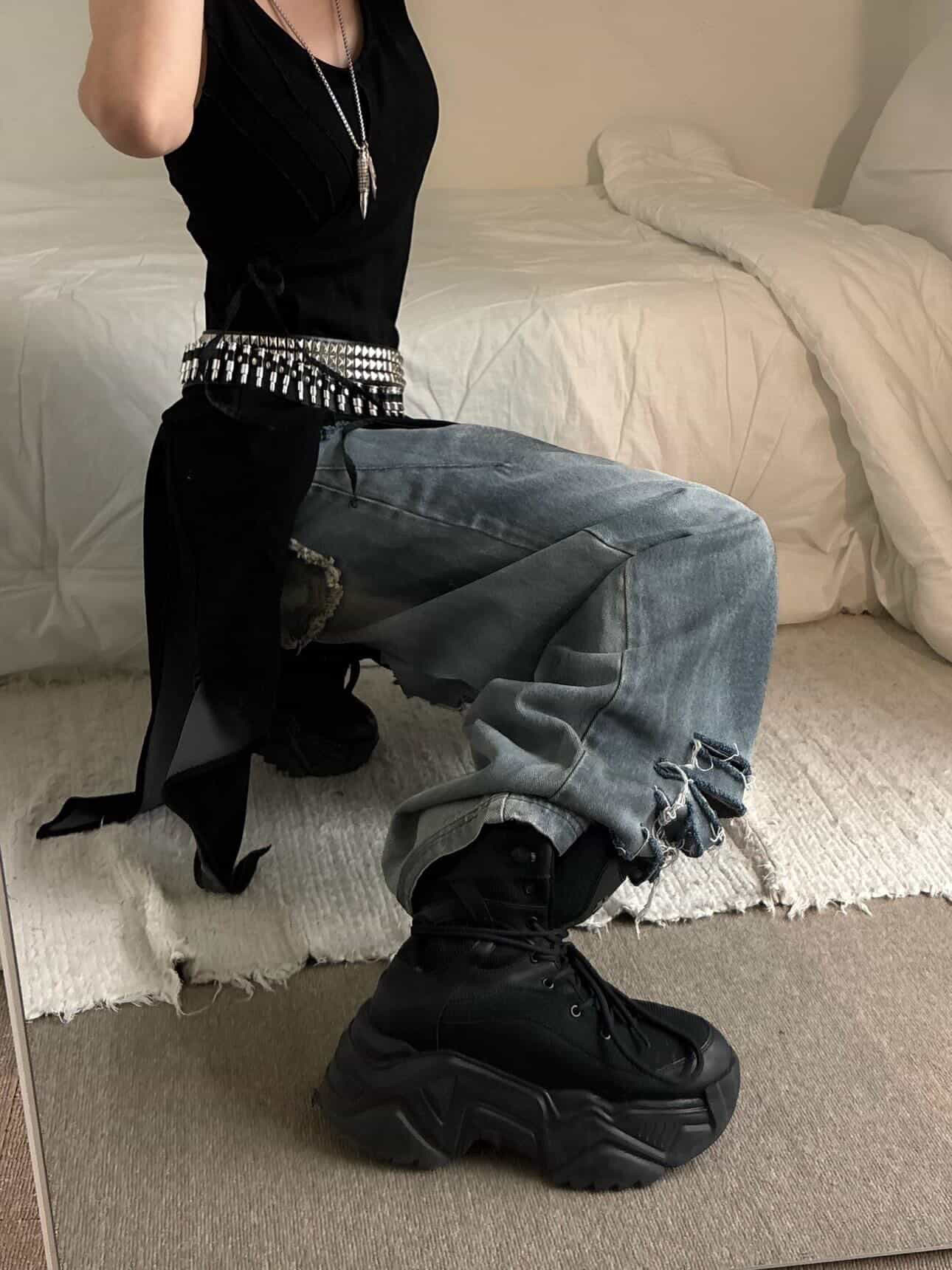 BLR Unbalanced Gradation One-Piece Black, BLR Destroyed Vintage Oil Washing Denim Pants 착용 스타일