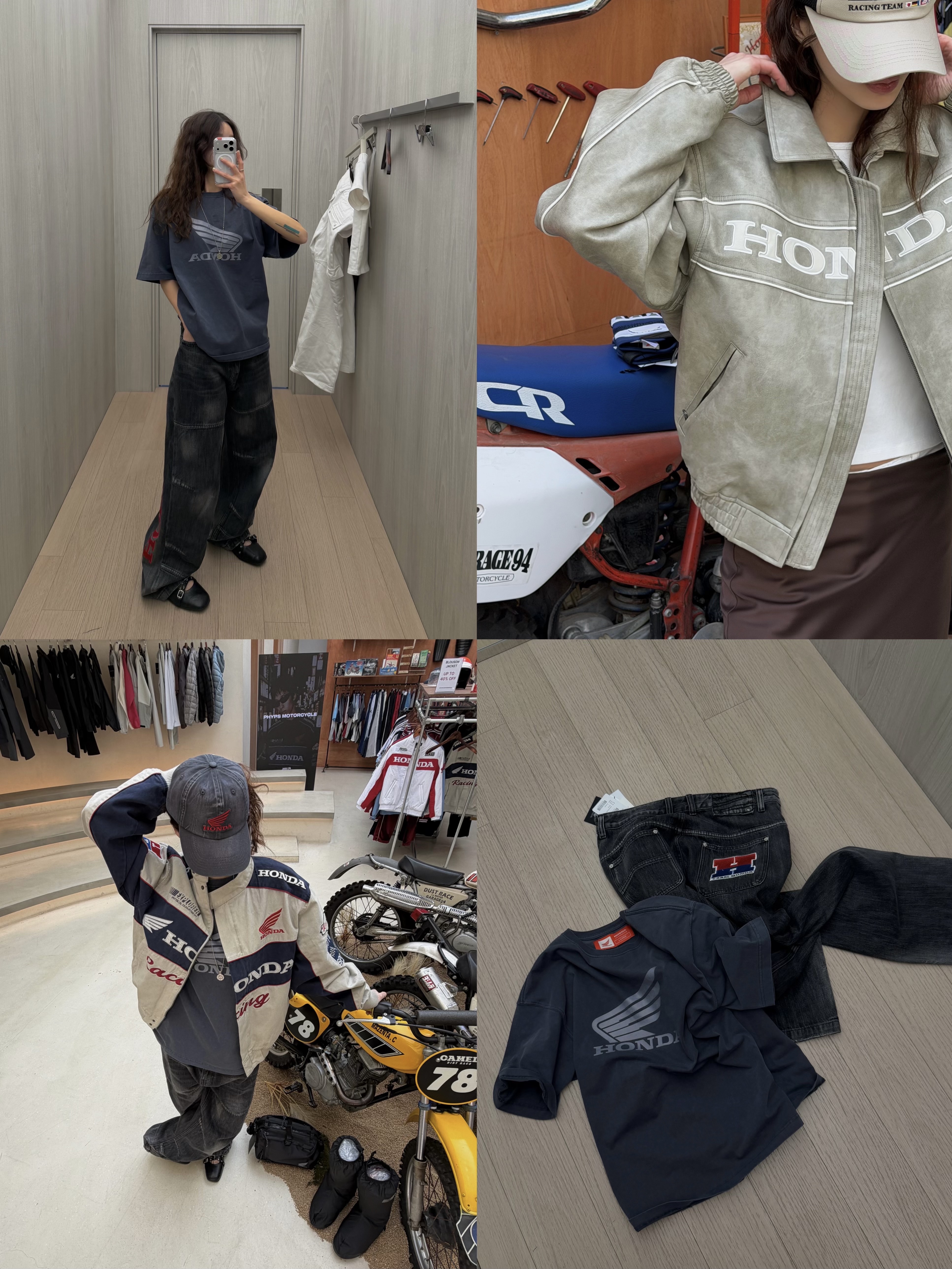 Honda Twill Multi Patch Motorcycle Jacket Ivory, Honda Original Wing Logo Vintage Cap Charcoal 착용 스타일 - 10