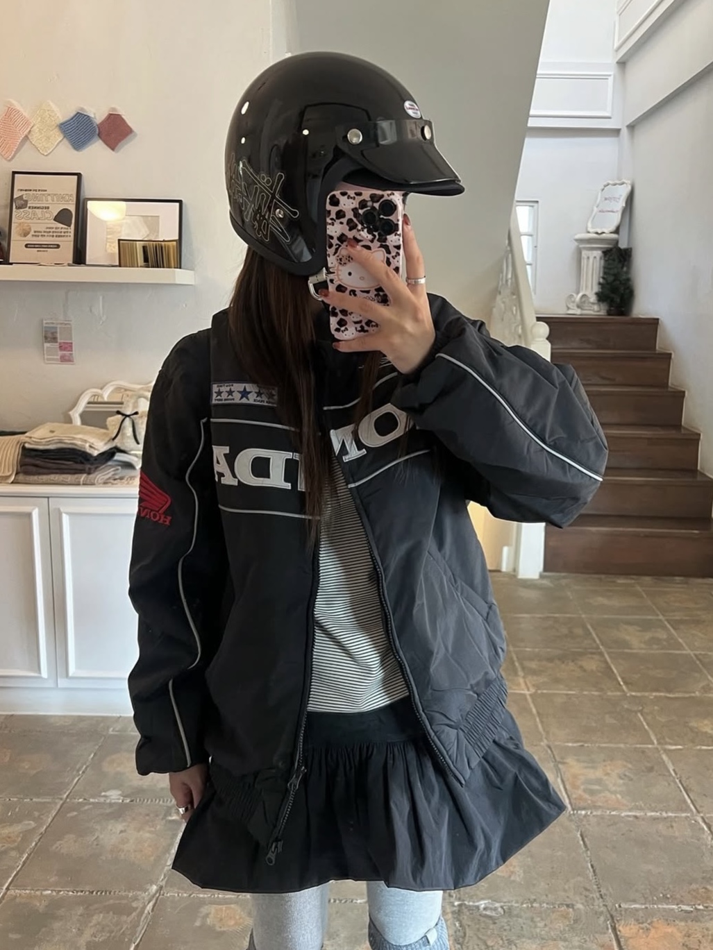 Honda Piping Motorcycle Blouson Jacket Black 착용 스타일