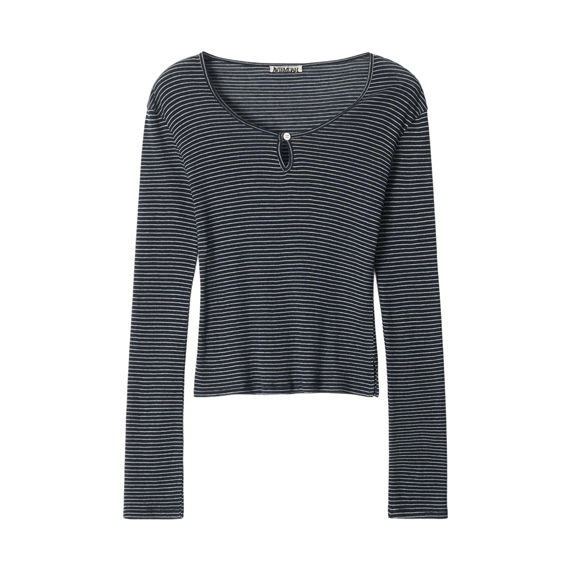 (W) 아비에무아 에센셜 버튼 디테일 스트라이프 티셔츠 네이비((W) Aviemuah Essentials Buttoned Detail Striped T-Shirt Navy) - 1