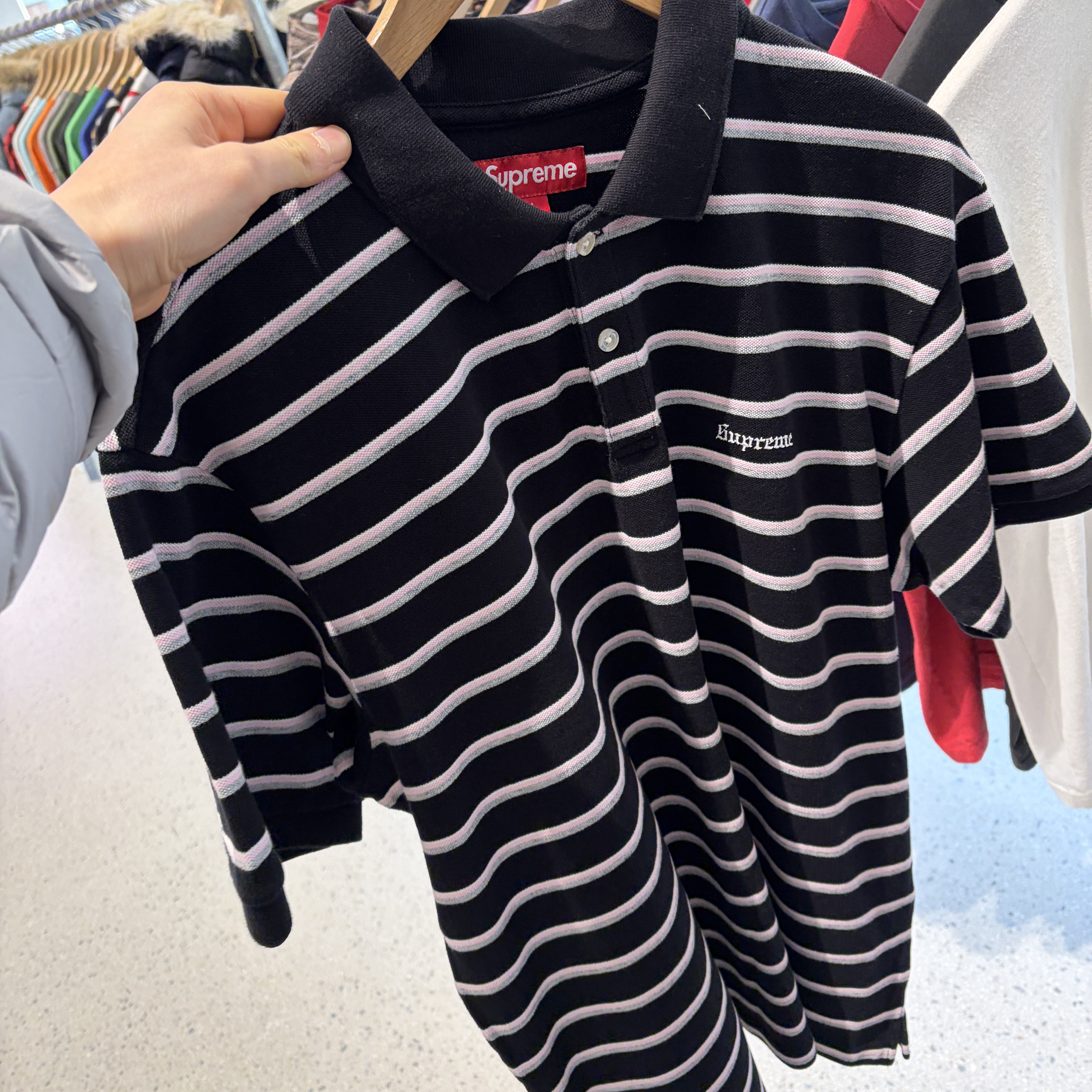 Supreme Washed Stripe Polo Navy - 26SS 착용 스타일