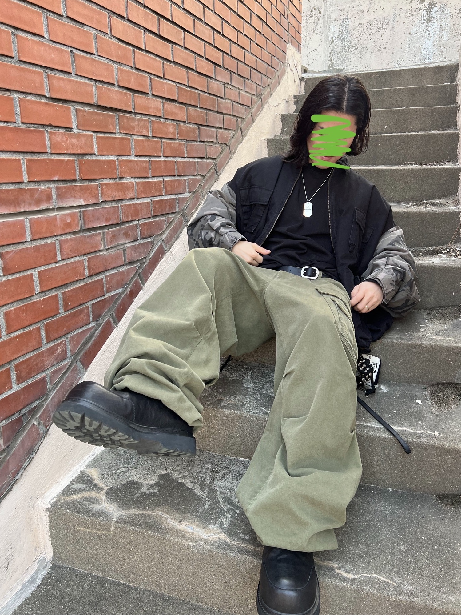 Nonnod Double Pocket Cargo Pants Vintage khaki, Undermycar Morph Oversized Crop Field Jacket Rock Ridge - 23SS 착용 스타일 - 6