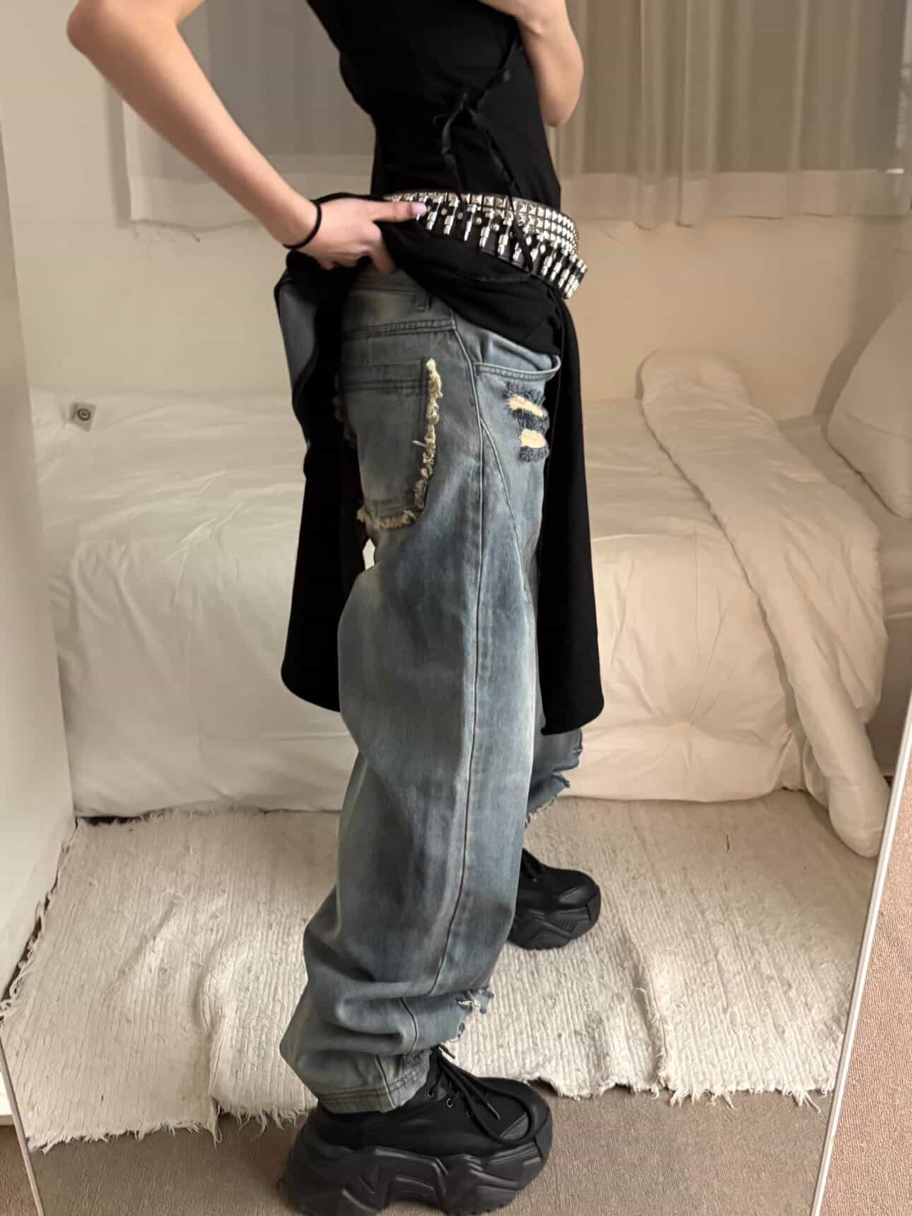 BLR Unbalanced Gradation One-Piece Black, BLR Destroyed Vintage Oil Washing Denim Pants 착용 스타일