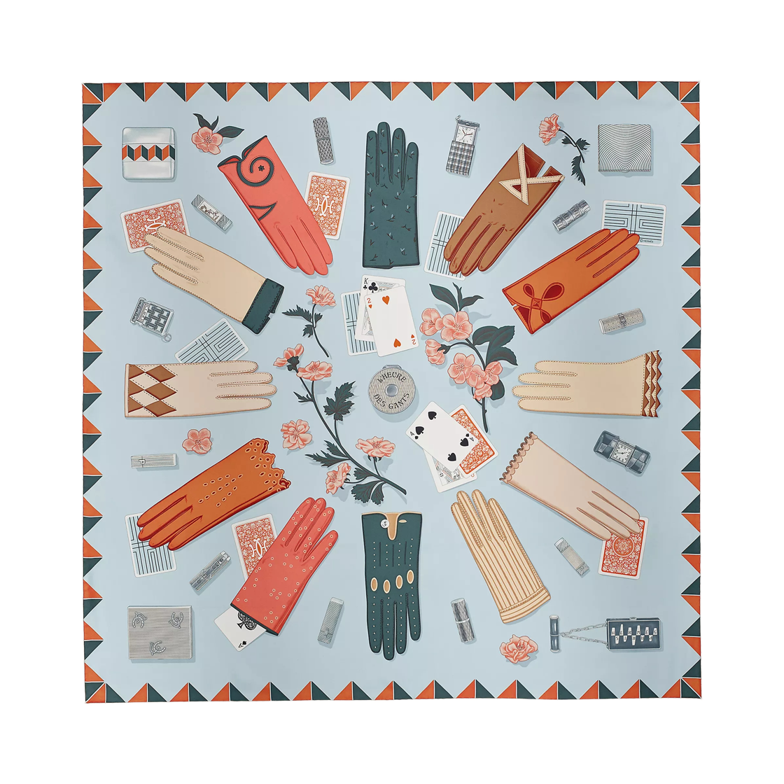 (W) 에르메스 뢰르 데 강 스카프 90 블루 씨엘 꼬라이유 아르두아즈((W) Hermes L'Heure des Gants Scarf 90 Bleu Ciel Corail Ardoise) - 1