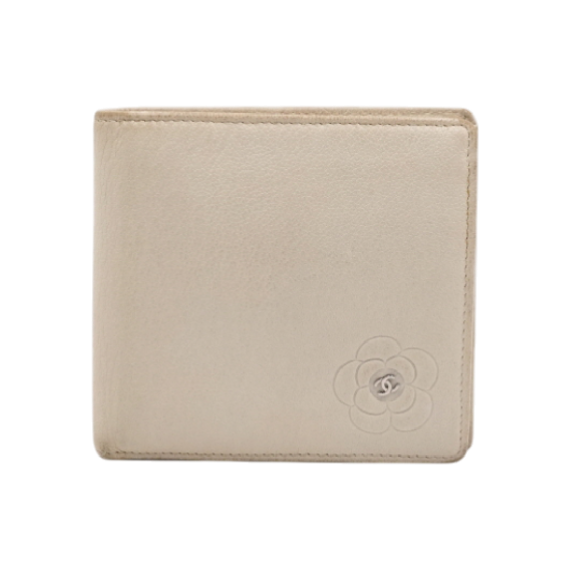 샤넬 베이지 레더 까멜리아 은장 CC로고 여성 반지갑(Chanel Beige Leather Camellia Silver CC Logo Women's Wallet)