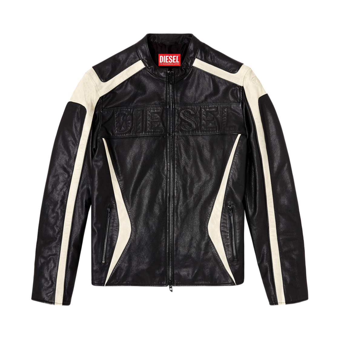 디젤 L-아담 컬러블록 레더 바이커 자켓 블랙 화이트(Diesel L-Adam Colour-Block Leather Biker Jacket Black White)