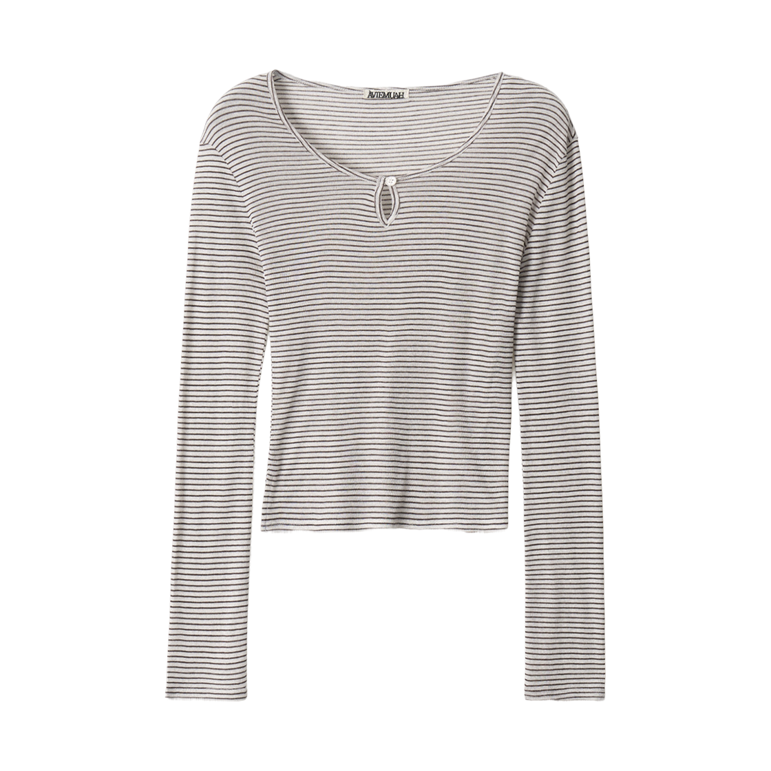 (W) 아비에무아 에센셜 버튼 디테일 스트라이프 티셔츠 브라운((W) Aviemuah Essentials Buttoned Detail Striped T-Shirt Brown)