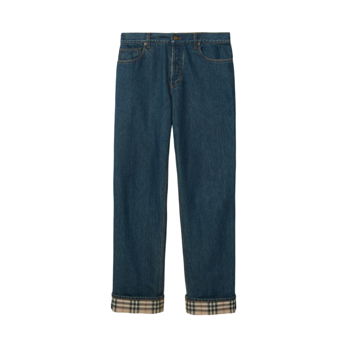 8116361 Burberry Straight Check Turn-Up Jeans Mid Blue