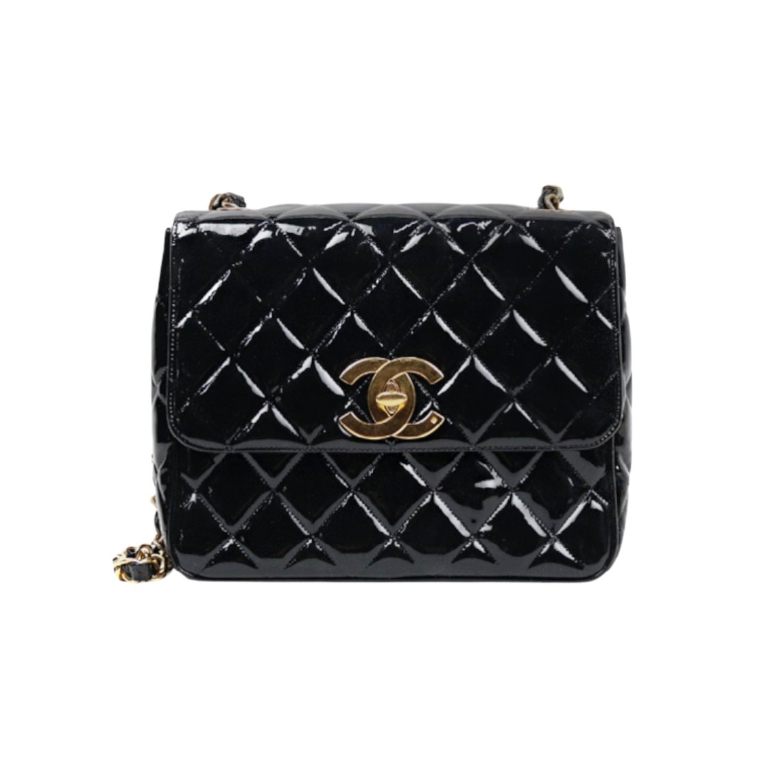 ITJ8AMI5C3BK Chanel Black Patent Quilted CC Flap Chain Shoulder Bag