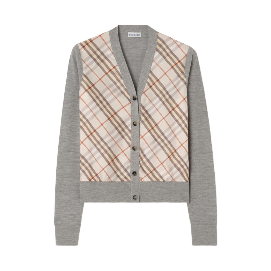 8123639 Burberry Check Panel Wool Silk Cardigan Pebble Beige