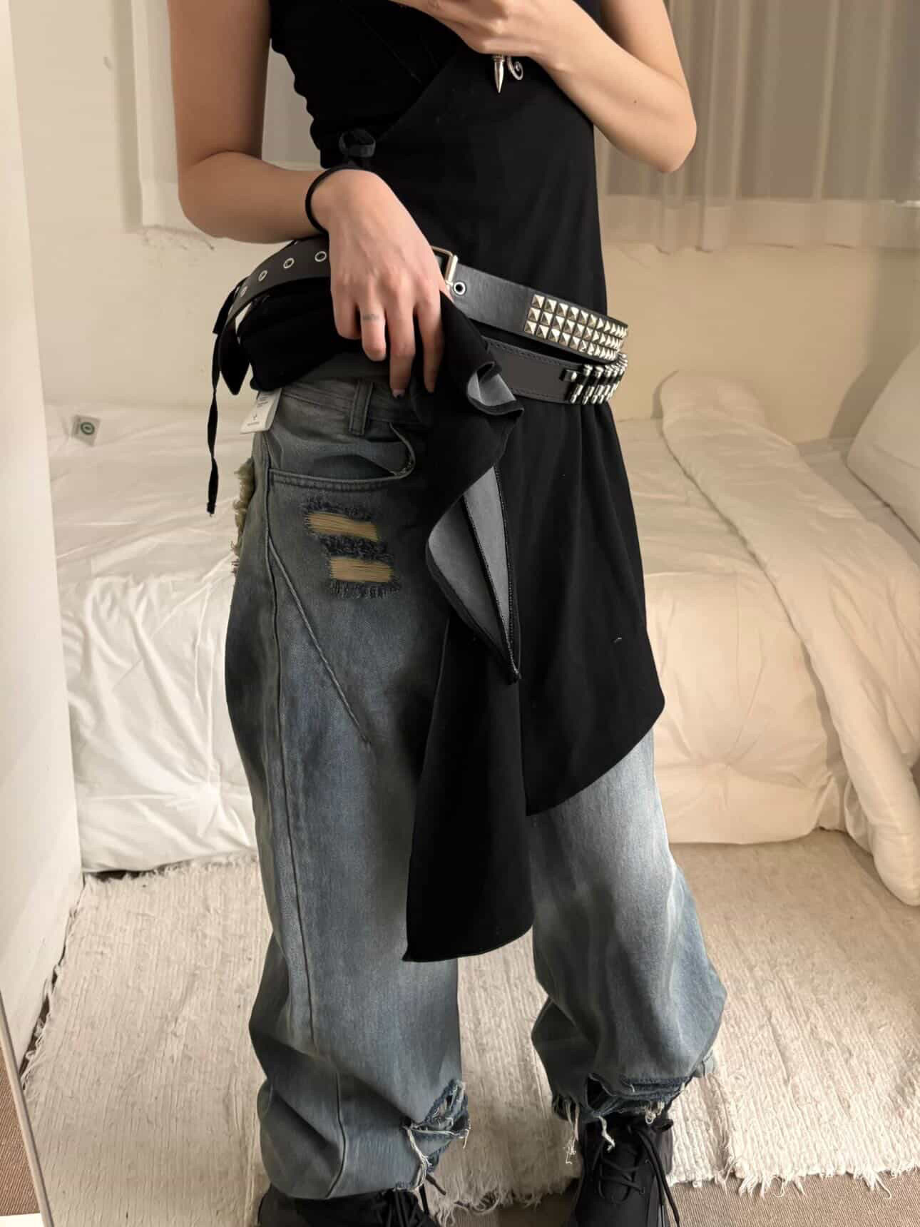 BLR Unbalanced Gradation One-Piece Black, BLR Destroyed Vintage Oil Washing Denim Pants 착용 스타일