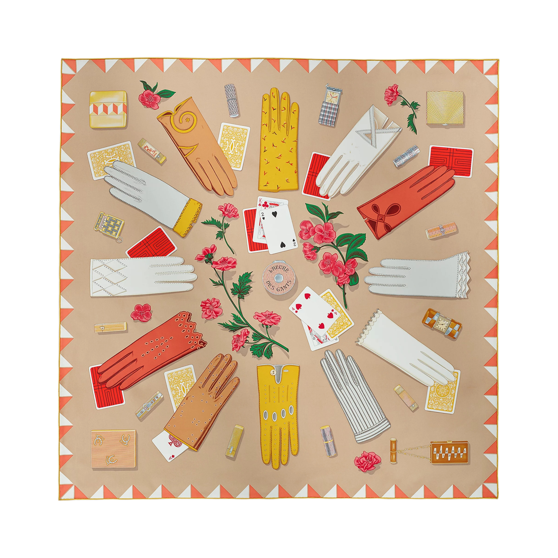 (W) 에르메스 뢰르 데 강 스카프 90 베쥬 도레 꼬라이유 미엘((W) Hermes L'Heure des Gants Scarf 90 Beige Dore Corail Miel) - 1