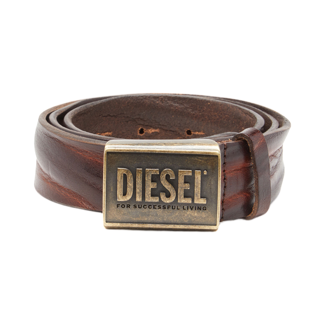 X10434PS201-H0096 Diesel B-Metal Biscotto Leather Belt 4 cm with Logo Plaque Brown