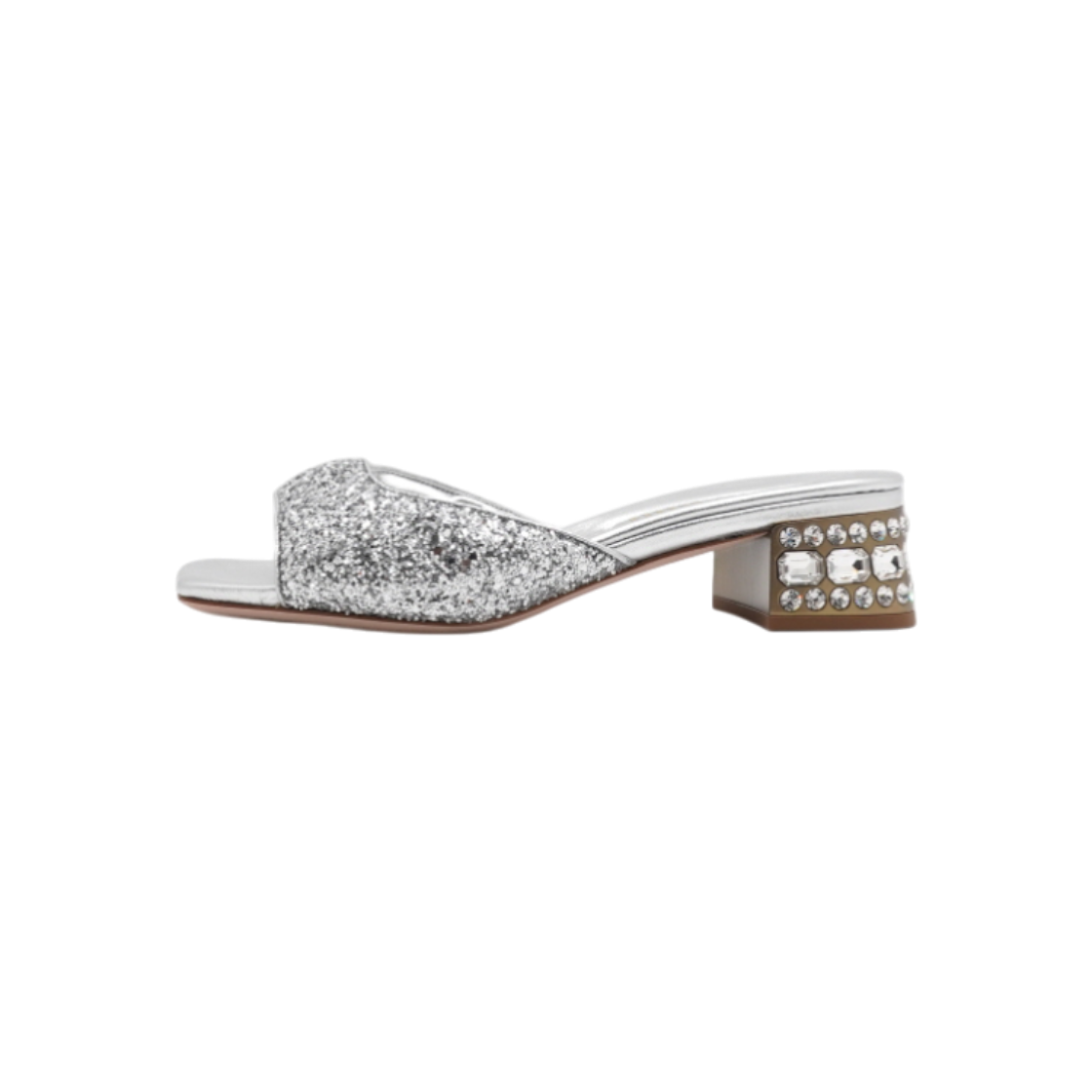 미우미우 5XX624 실버 글리터 슬라이드 크리스탈 힐 여성 샌들 슬리퍼aa62010 [미사용](Miu Miu Silver Glitter Crystal Heel Slide Sandals) - 1