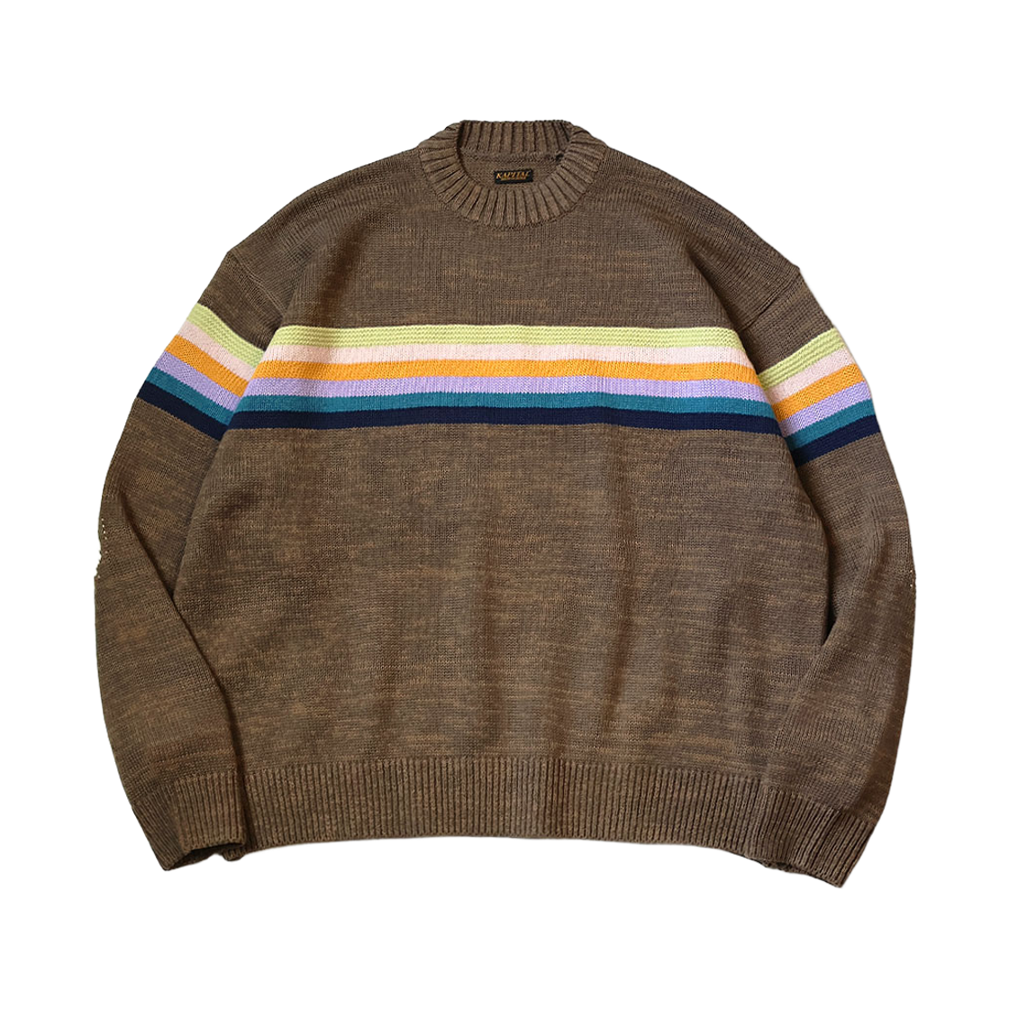 K2603KN012 Kapital 5G Cotton Knit Moonbow & Peckish Rainbowy Crew Sweater Brown