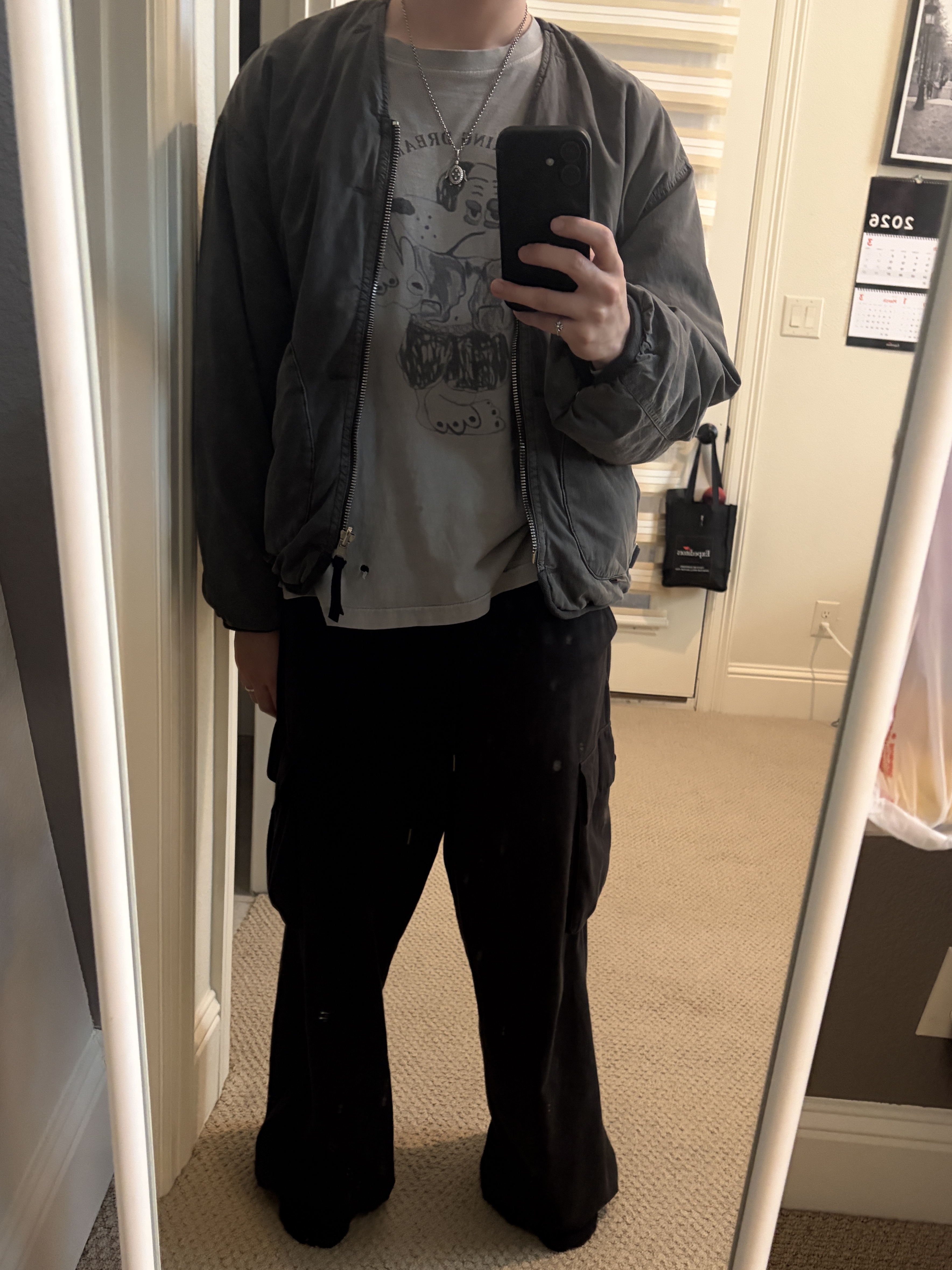 Polyteru Reversible Liner Jacket Sage Gray + Jade, Polyteru Human Index Index Cargo Pants Black 착용 스타일