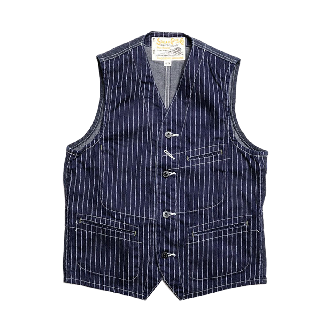슈가 케인 9온즈 와바시 스트라이프 워크 베스트 블루 데님(Sugar Cane 9 oz. Wabash Stripe Work Vest Blue Denim)