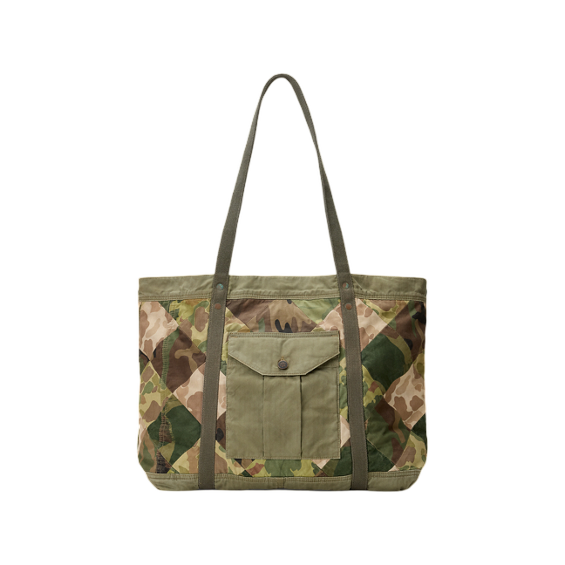 더블알엘 리미티드 에디션 패치워크 카모 토트 멀티 카모 프린트 올리브(Double RL Limited Edition Patchwork Camo Tote Multi Camo Print Olive)