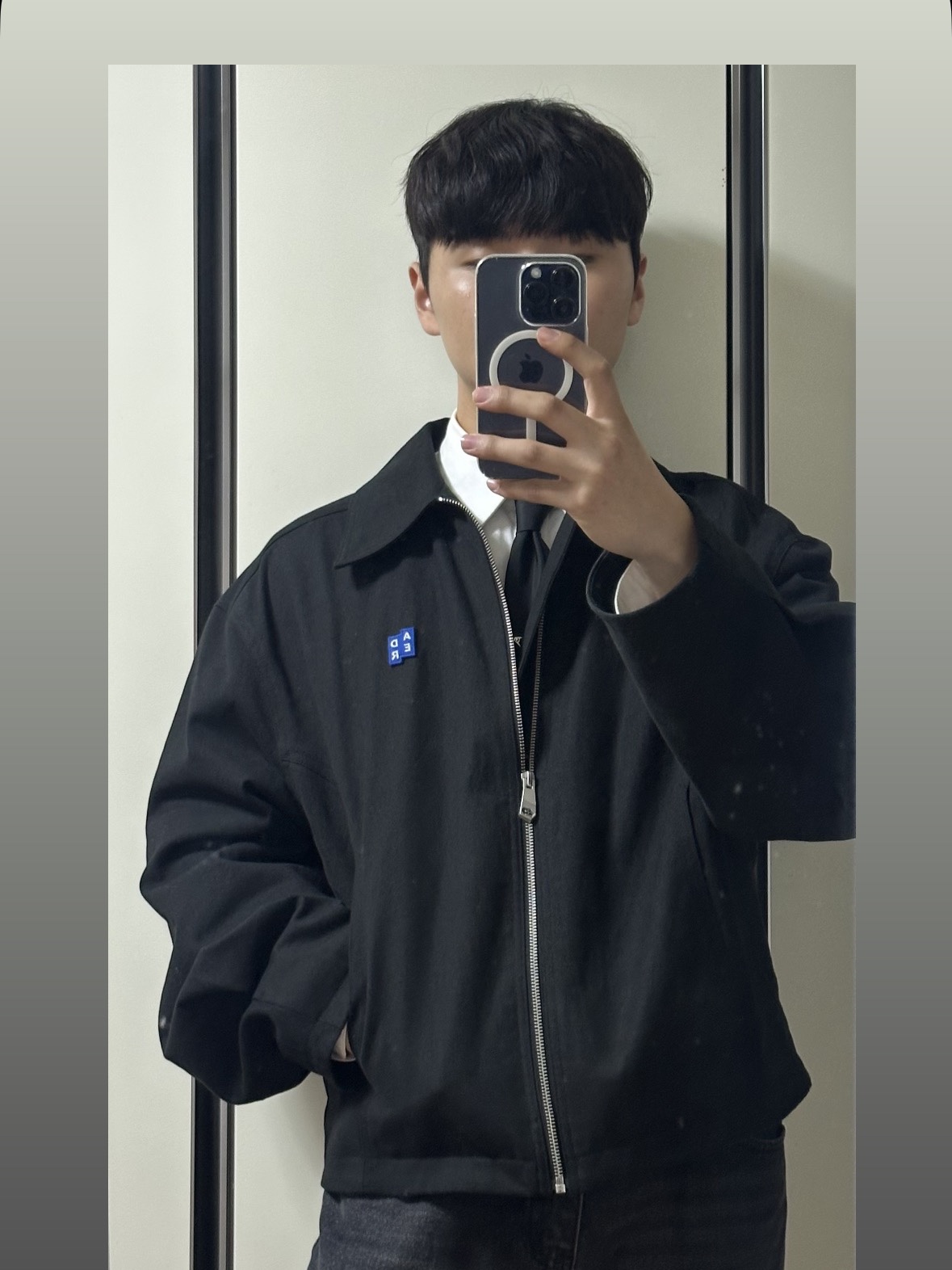 Ader Error Sig; TRS Tag Jacket 01 Noir, Prada Re-Nylon Gabardine Tie Black 착용 스타일